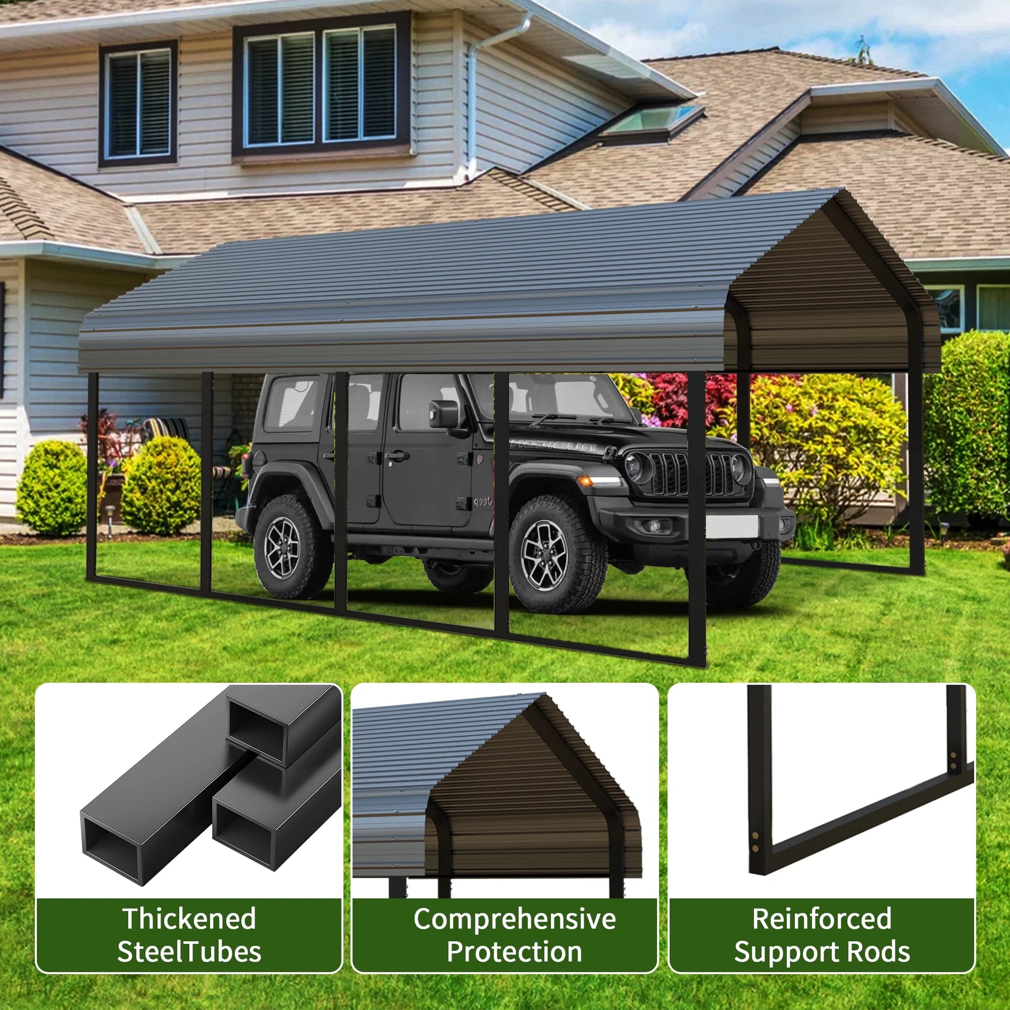Heavy-Duty 10x20 ft Carport Garage, All-Weather Protection for RV, Boat, Car & Truck, Portable Shelter with Wind & Rust Resistance