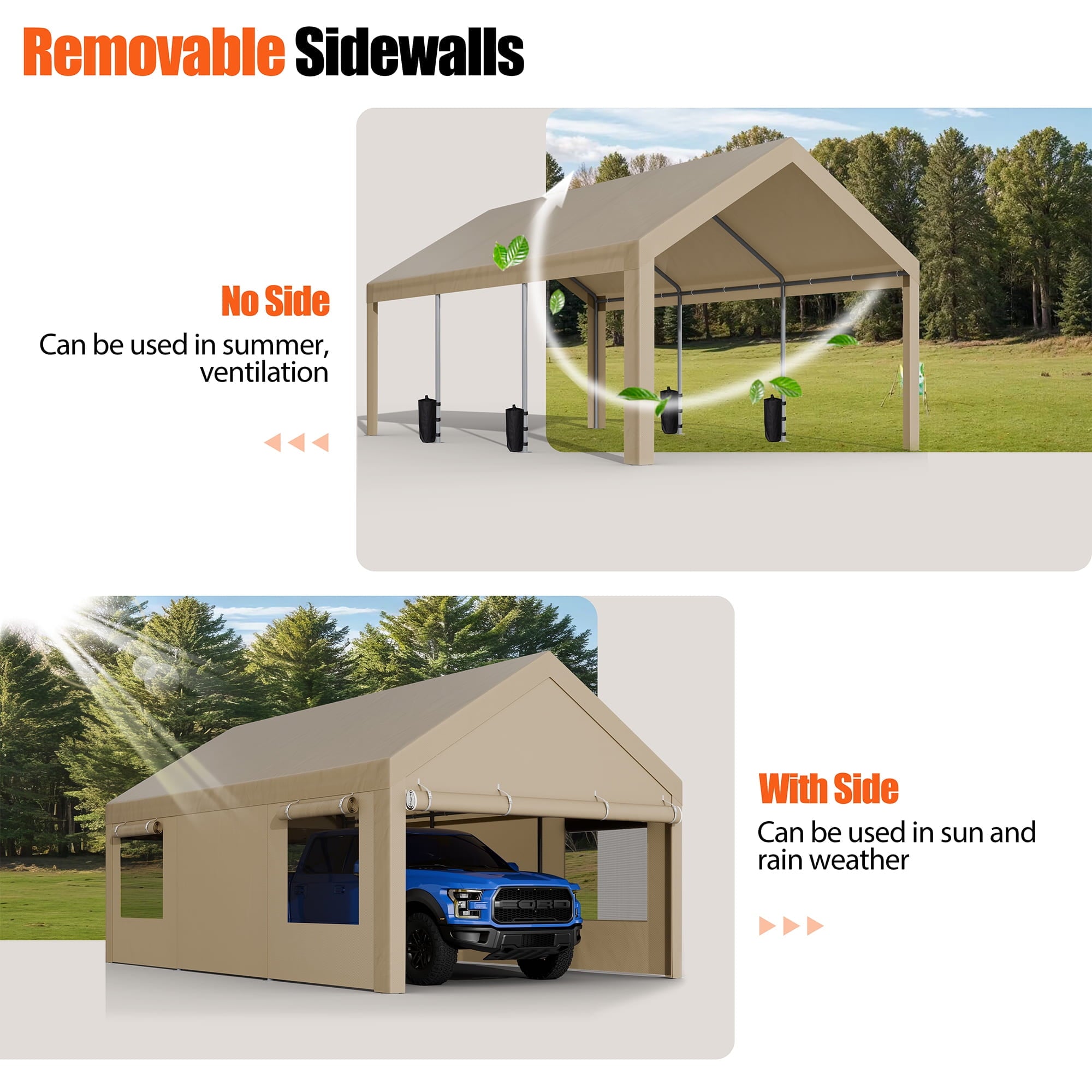 Walsunny 10x20 ft Carport with 4 Sandbags Heavy Duty Car Canopy with Roll-up Windows Portable Garage with Removable Sidewalls & Doors Khaki