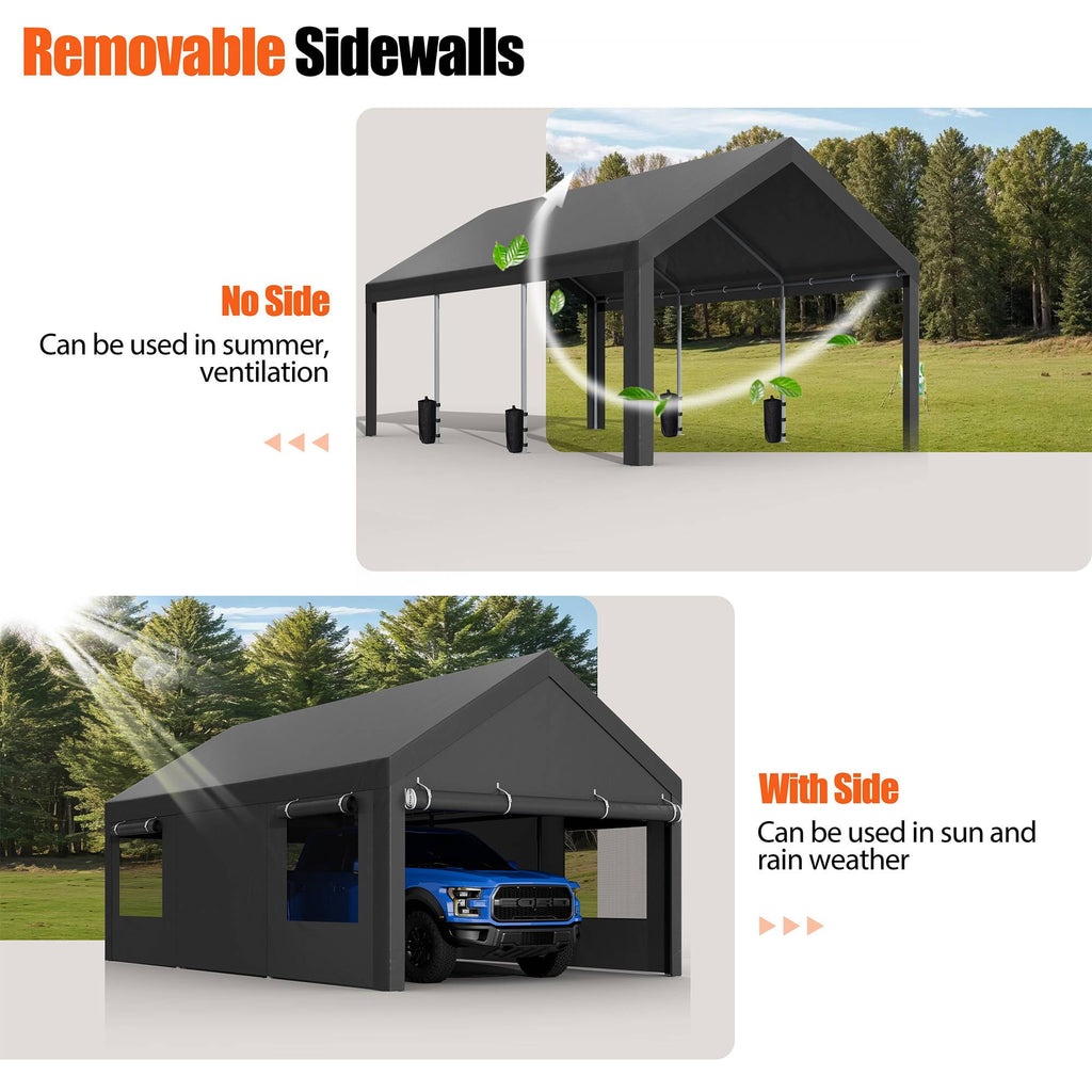 Walsunny 10x20 ft Carport with 4 Sandbags Heavy Duty Car Canopy with Roll-up Windows Portable Garage with Removable Sidewalls & Doors Khaki