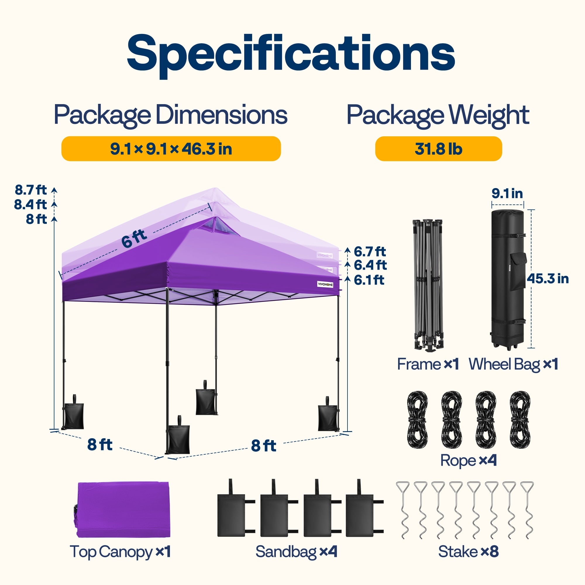 SPECSTAR 8x8ft Pop-up Canopy Tent One Push Setup Instant Tent with Center Lock, Wheel Carry Bag and 4 Sandbags for Events Parties, Purple