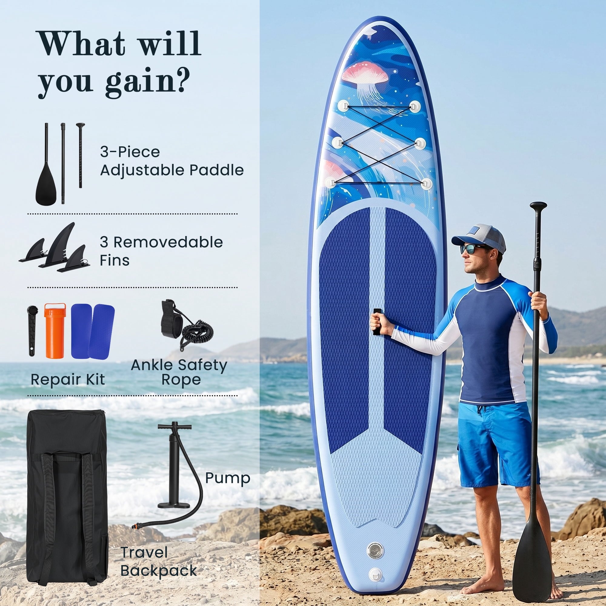Naipo 10.6ft Inflatable Stand Up Paddle Board with Premium SUP Accessories Set Bi-Action Pump(10 Mins Inflate) 330 lbs for 2-3 People for Adults & Youth & Beginners