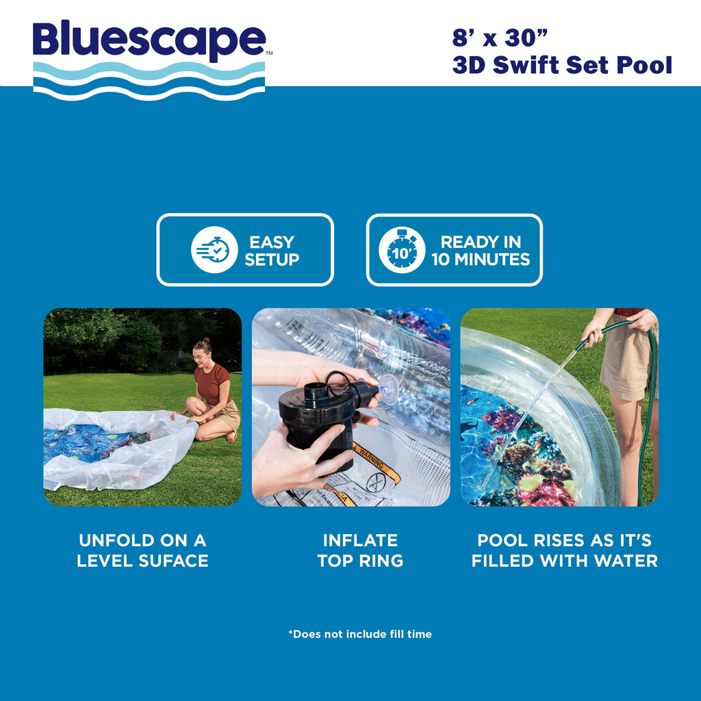 Bluescape 8 ft Transparent 3D Above Ground Pool with Goggles, Round, Ages 6+