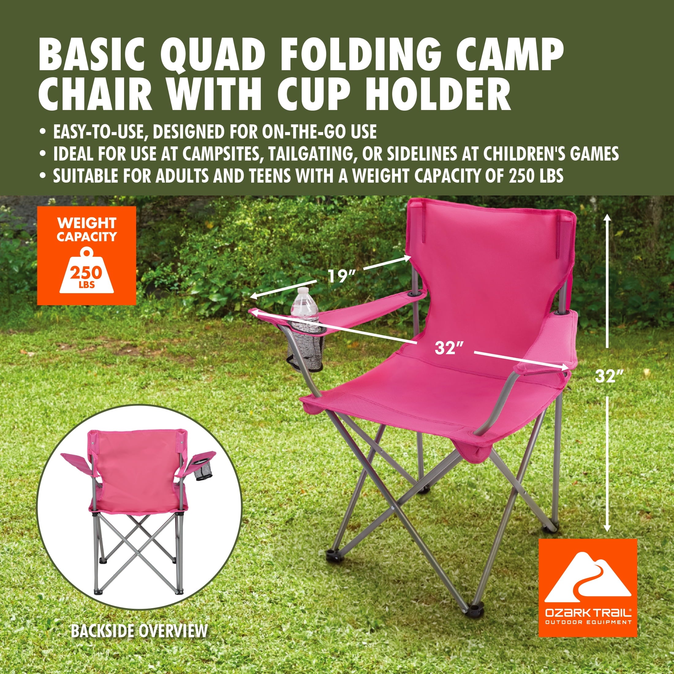 Ozark Trail Quad Folding Camp Chair with Cup Holder, Black