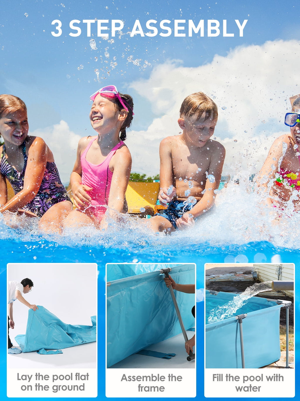 Naipo 15FT Rectangular Frame Swimming Pool Metal Outdoor Backyard Above Ground Pool Family Adults Splash