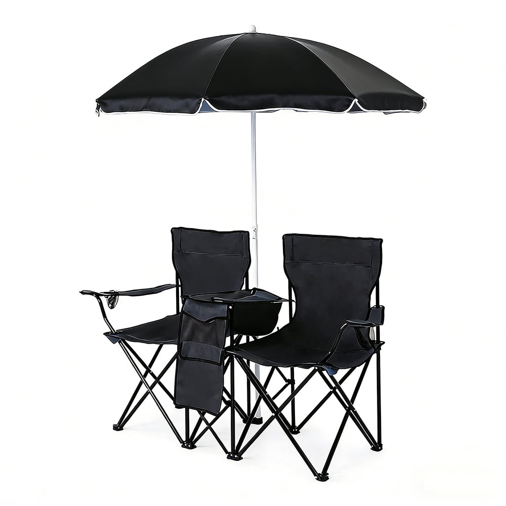 COWIN Outdoor Foldable Picnic Double Chair ,Camping Chairs with Umbrella Camping Double Portable Chairs Folding Beach Chair with Insulation Bag,Backpacking Blue