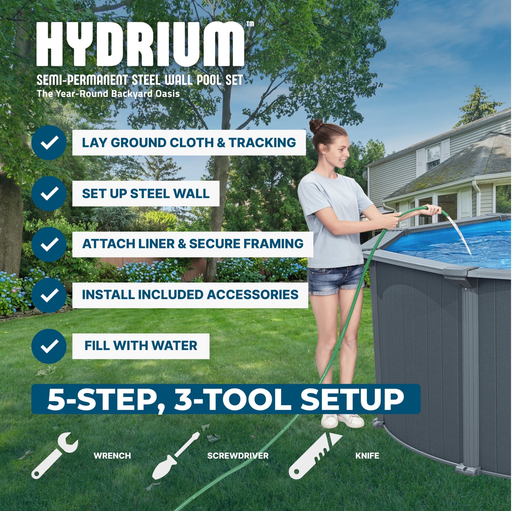 Bestway Hydrium 15' x 48 Steel Side Wall Above Ground Pool w/ Sand Pump & Accessories
