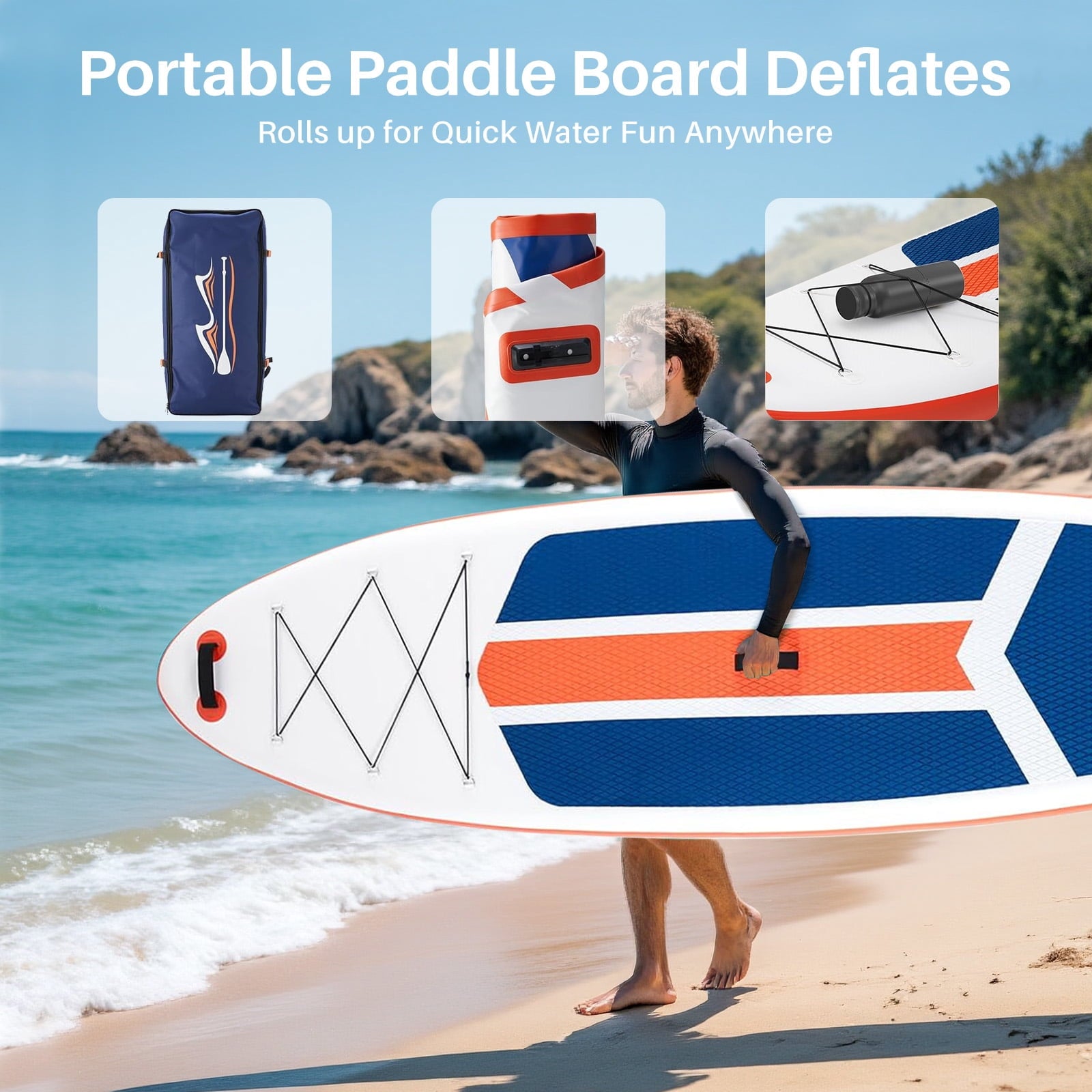 TINKLE WELL Inflatable Stand Up Paddle Board (SUP) Kit, Ultra-Stable Wide Design w/Non-Slip Deck & 2-in-1 Adjustable Paddle, Complete Set for Beginners/Experts, Youth & Adults, Organe