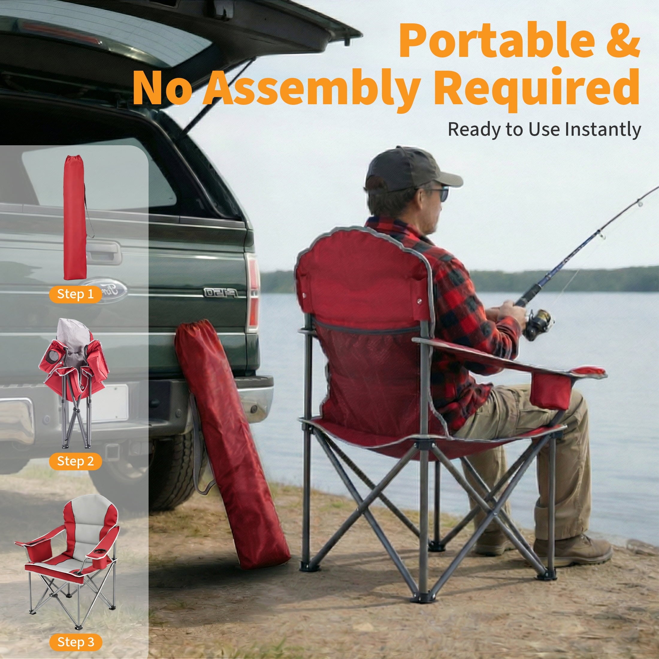 EDX Heavy Duty Camping Chair 500 lb Capacity, Oversized Extra Wide for Adults, Padded High Back Folding Lawn Chair, 500 lbs Steel Frame, Portable Outdoor Camping Chair with Cup Holder, Red Gray