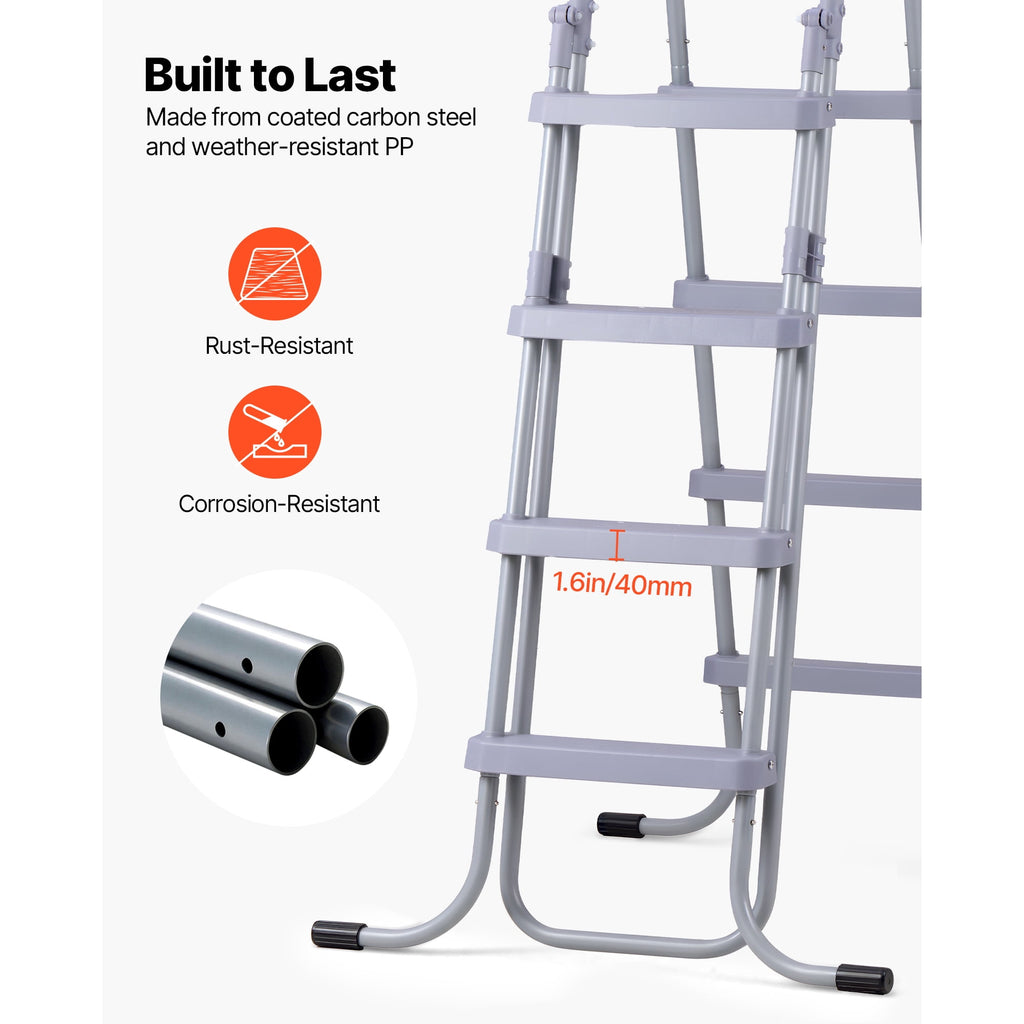 KFFKFF 4-Step Steel A-Frame Pool Ladder for Above-Ground Pools, Designed for 48-Inch Walls, 300 lbs Weight Capacity, Non-Slip Wide Steps, Easy Assembly, Gray and White