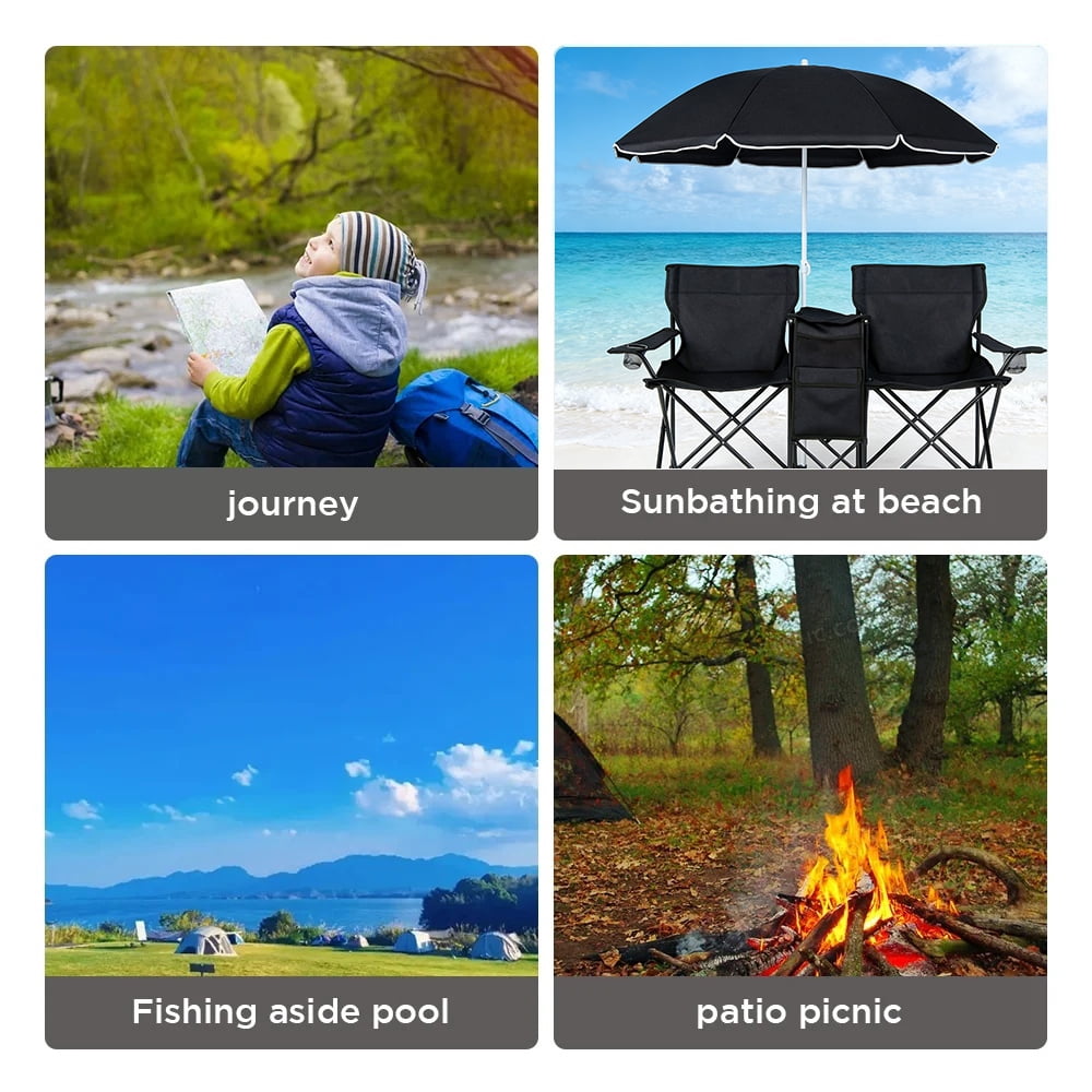 COWIN Outdoor Foldable Picnic Double Chair ,Camping Chairs with Umbrella Camping Double Portable Chairs Folding Beach Chair with Insulation Bag,Backpacking Blue
