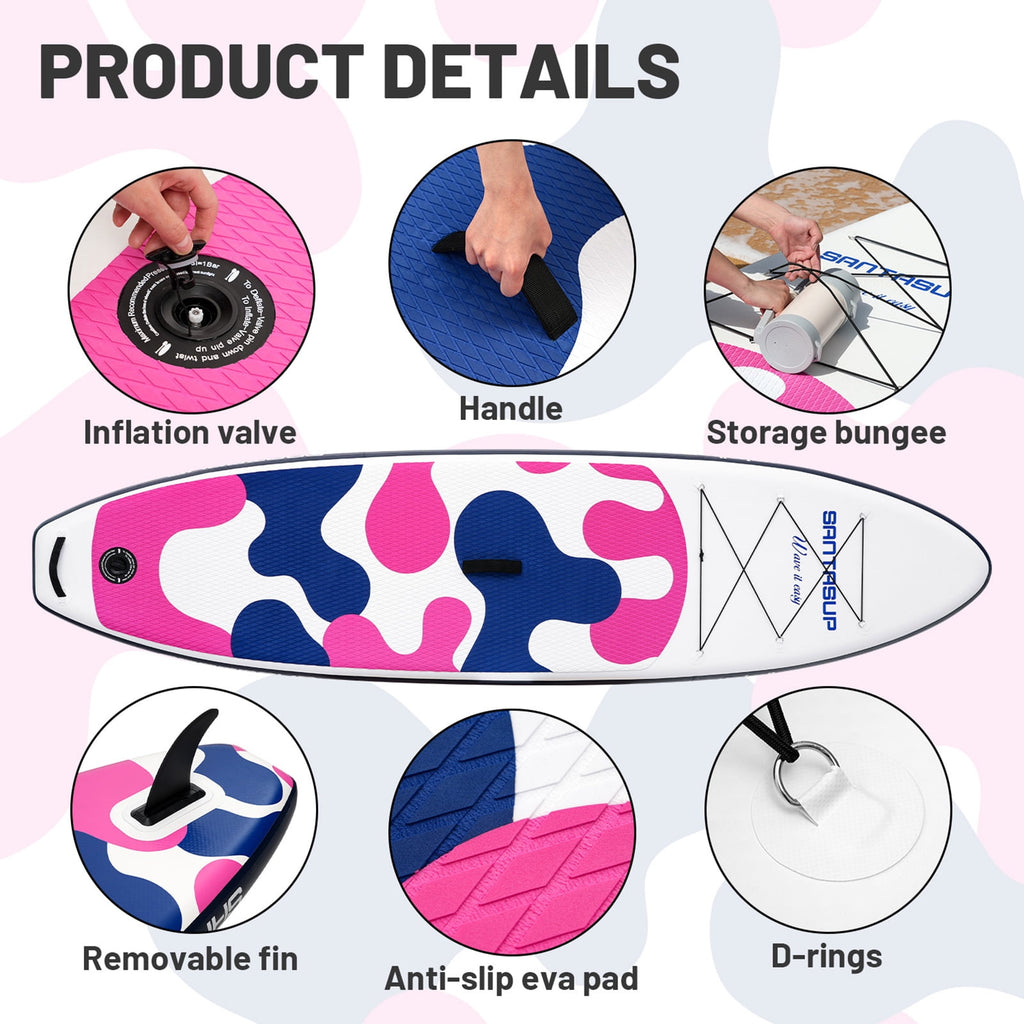 Santasup Blow Up Paddle Board Inflatable Paddle Board For Adults, 10ft Stand Up Paddleboard, Sup Board With Sup Accessories, Non-Slip Deck, Adjustable Paddle, Travel Backpack Wide Stance Pink