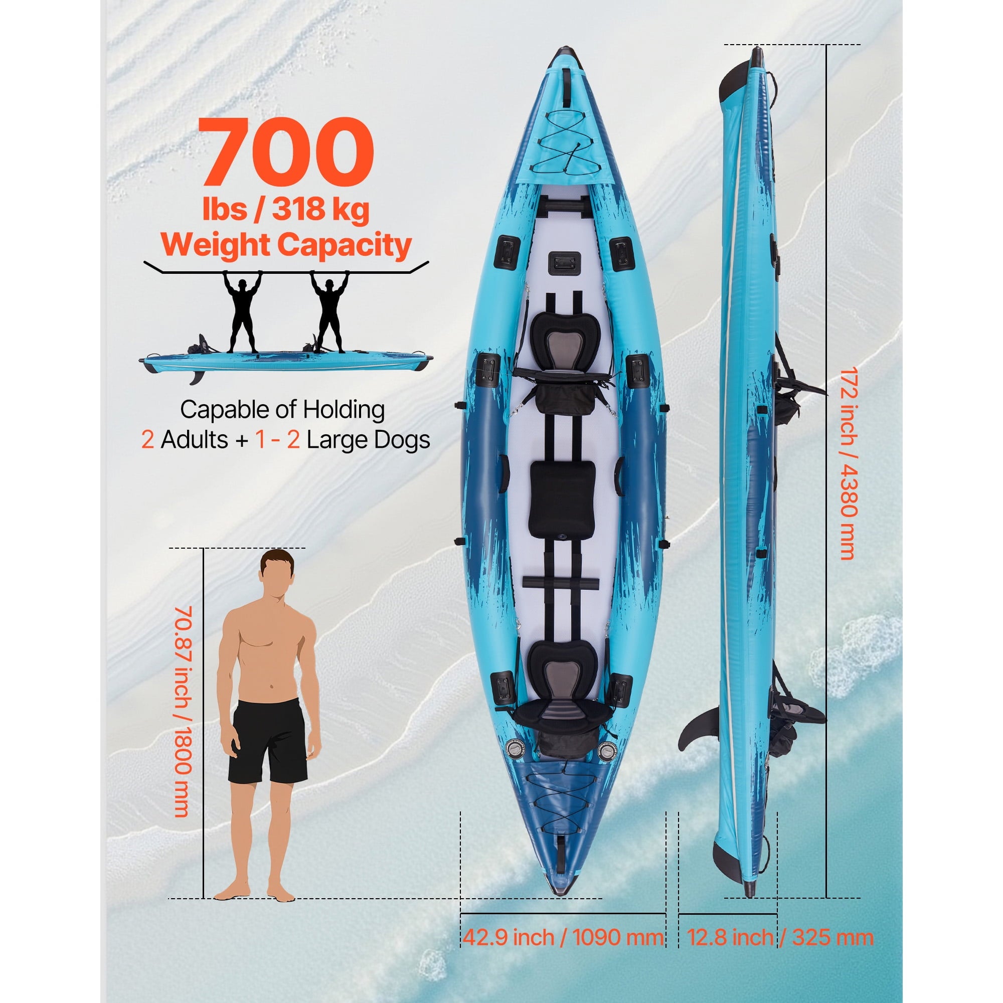 KFFKFF 2-Person Inflatable Kayak, 700LBS Capacity, Durable & Leak-Resistant Design with Padded Seats, PVC Drop-Stitch Floor, Dual Paddles, Hand Pump, and Carry Bag for Fishing and Camping