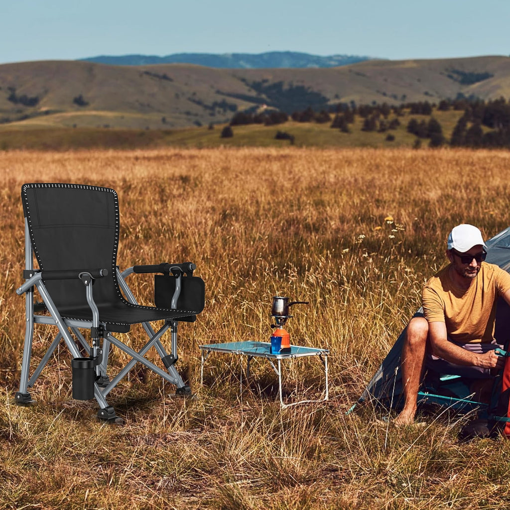 LNOW Folding Camping Chair with Cup Holder & Side Pocket Lightweight Portable Chairs for Beach, Sports, Fishing, ‌‌Black