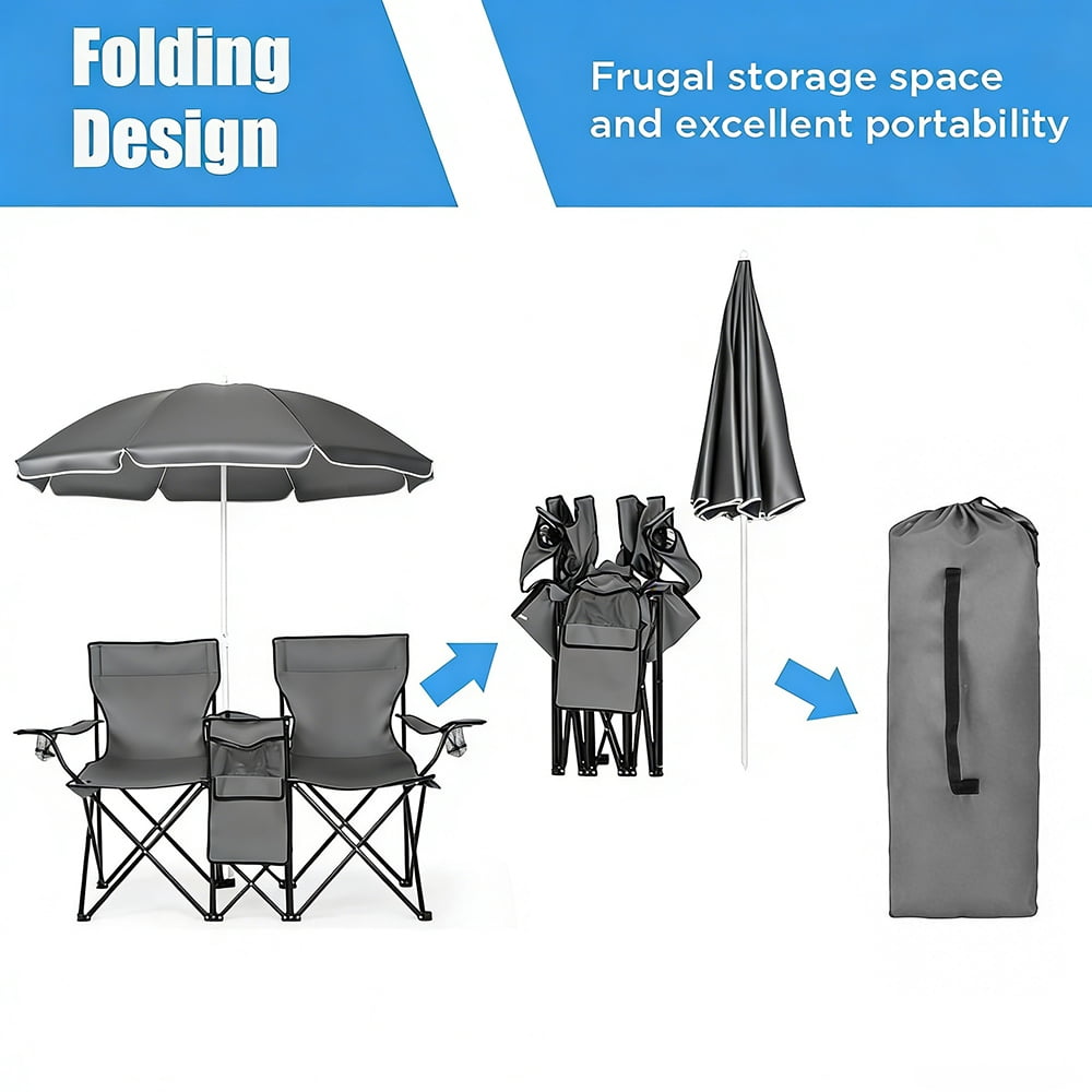 COWIN Outdoor Foldable Picnic Double Chair ,Camping Chairs with Umbrella Camping Double Portable Chairs Folding Beach Chair with Insulation Bag,Backpacking Blue