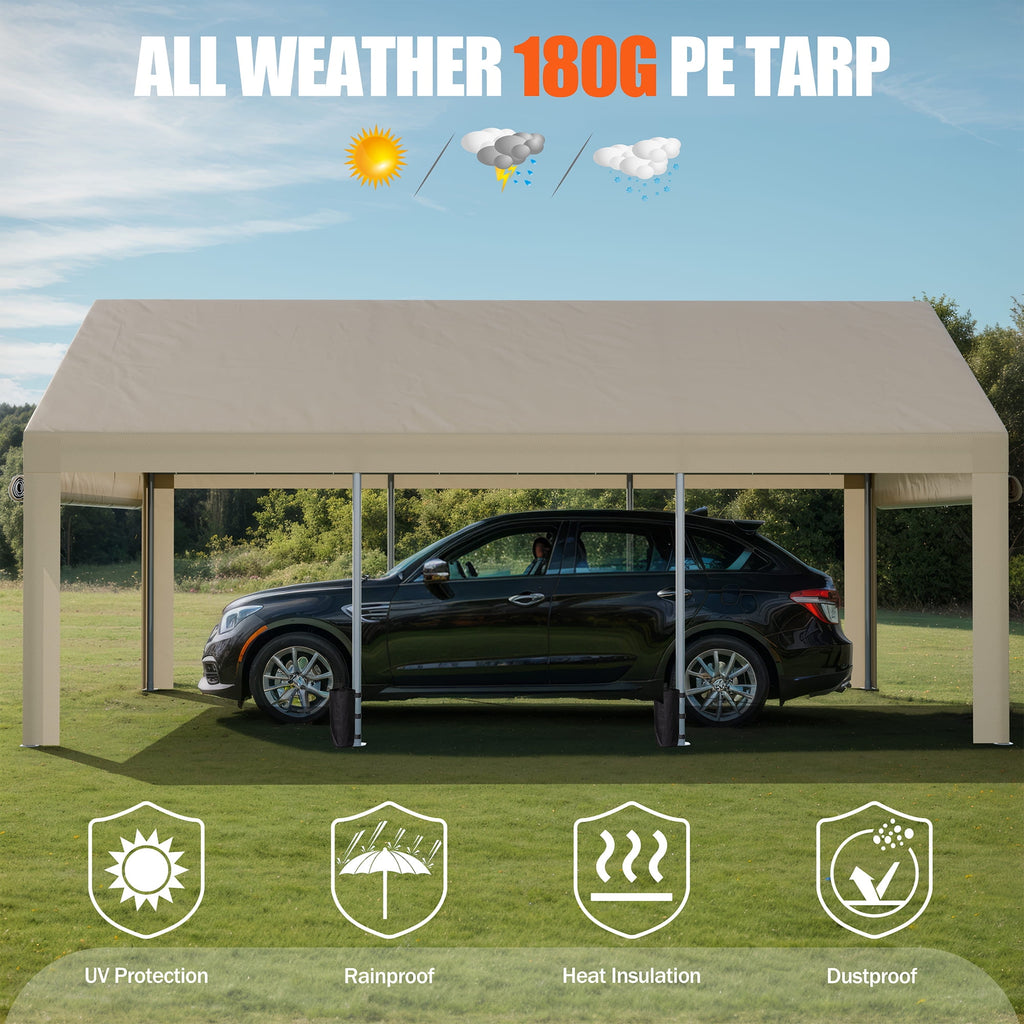 Walsunny 10x20 ft Carport with 4 Sandbags Heavy Duty Car Canopy with Roll-up Windows Portable Garage with Removable Sidewalls & Doors Khaki