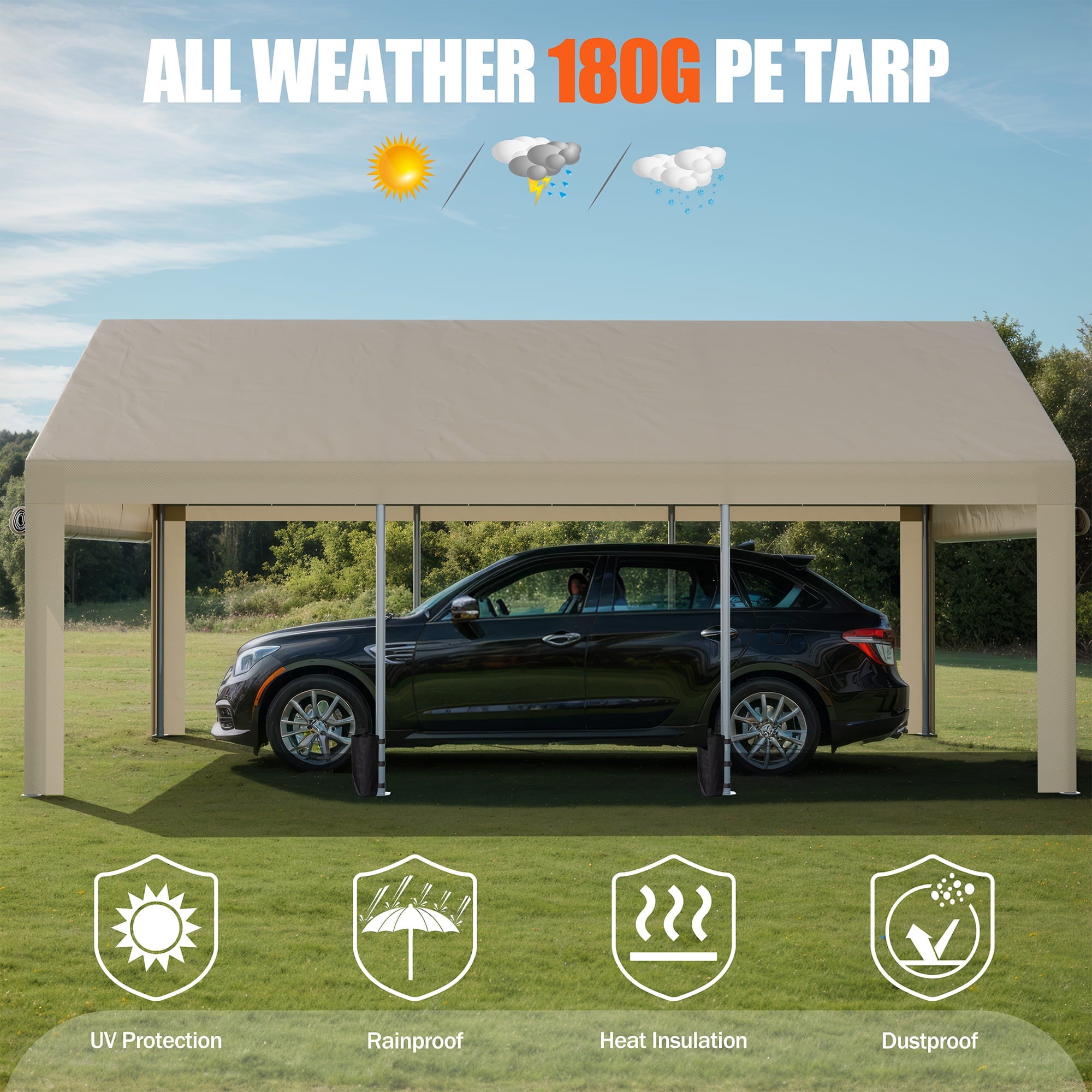 Walsunny 10x20 ft Carport with 4 Sandbags Heavy Duty Car Canopy with Roll-up Windows Portable Garage with Removable Sidewalls & Doors Khaki