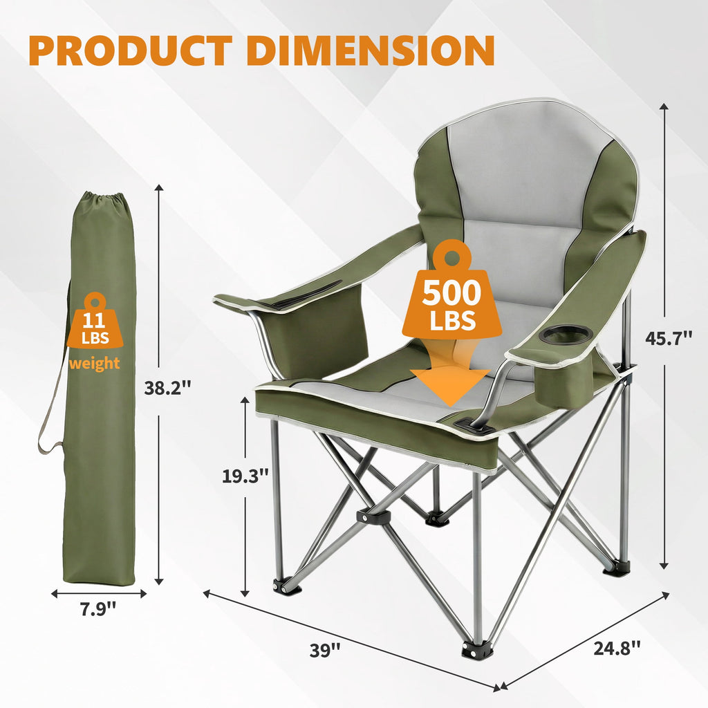 EDX Heavy Duty Camping Chair 500 lb Capacity, Oversized Extra Wide for Adults, Padded High Back Folding Lawn Chair, 500 lbs Steel Frame, Portable Outdoor Camping Chair with Cup Holder, Red Gray