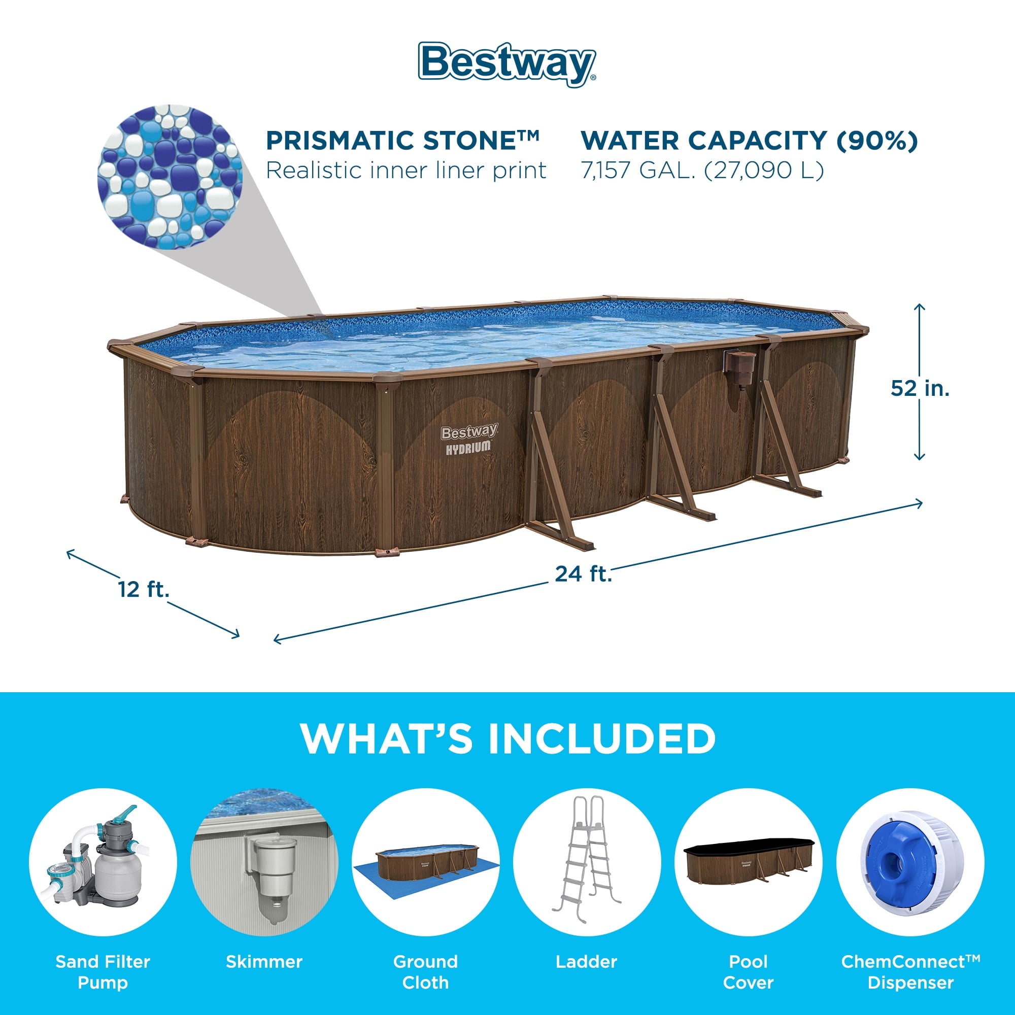 Bestway Hydrium 24' x 12' x 52 Steel Side Wall Above Ground Pool w/ Sand Pump & Accessories