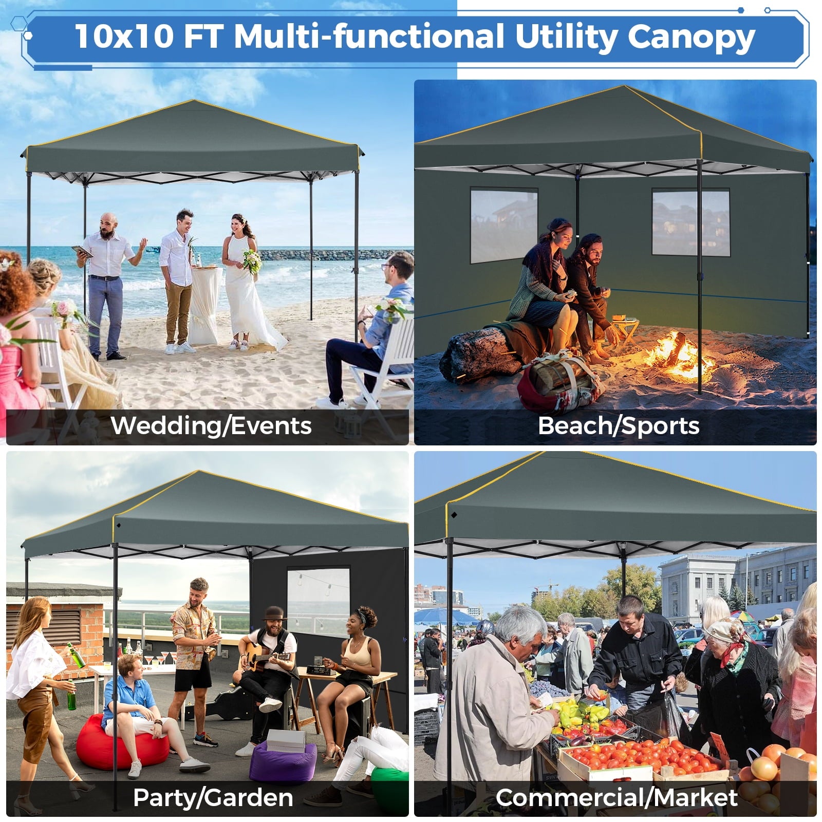 HOTEEL Pop up Canopy Tent 10x10 Commercial Instant Canopy with 4 Sidewalls & Carry Bag,Portable Tent for Parties Beach Camping Party Event Shelter Sun Shade,Dark Blue