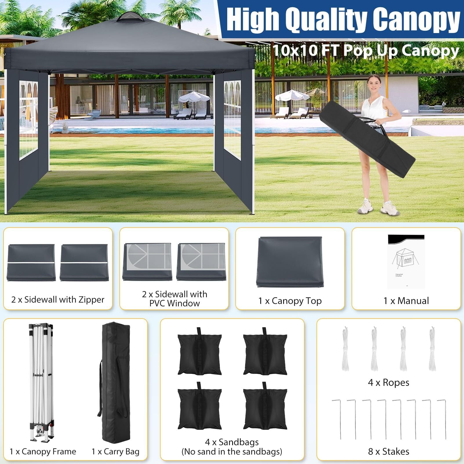 HOTEEL 10x10ft Popup Canopy Waterproof Canopy with 4 Sidewalls Outdoor Commercial Instant Shelter Beach Camping Canopy Tent for Party, Black