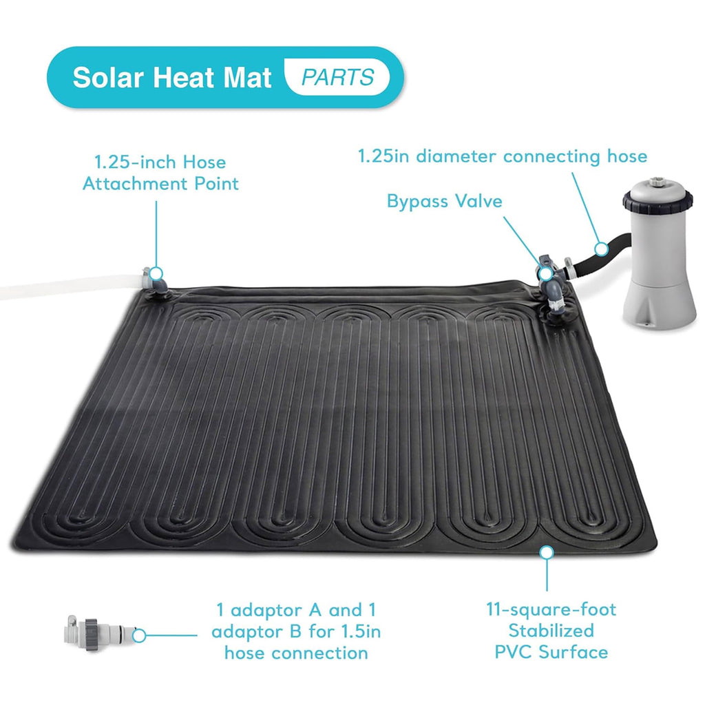 Intex: Solar Heater Mat - 47 Black, Water Warming Pad for 8k Gal Above Ground Swimming Pool, Raise Temperature 5-9 Degrees, Hose Attachment, Adapters