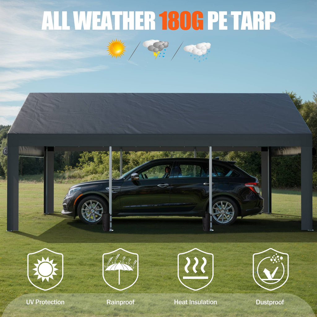Walsunny 10x20 ft Carport with 4 Sandbags Heavy Duty Car Canopy with Roll-up Windows Portable Garage with Removable Sidewalls & Doors Khaki