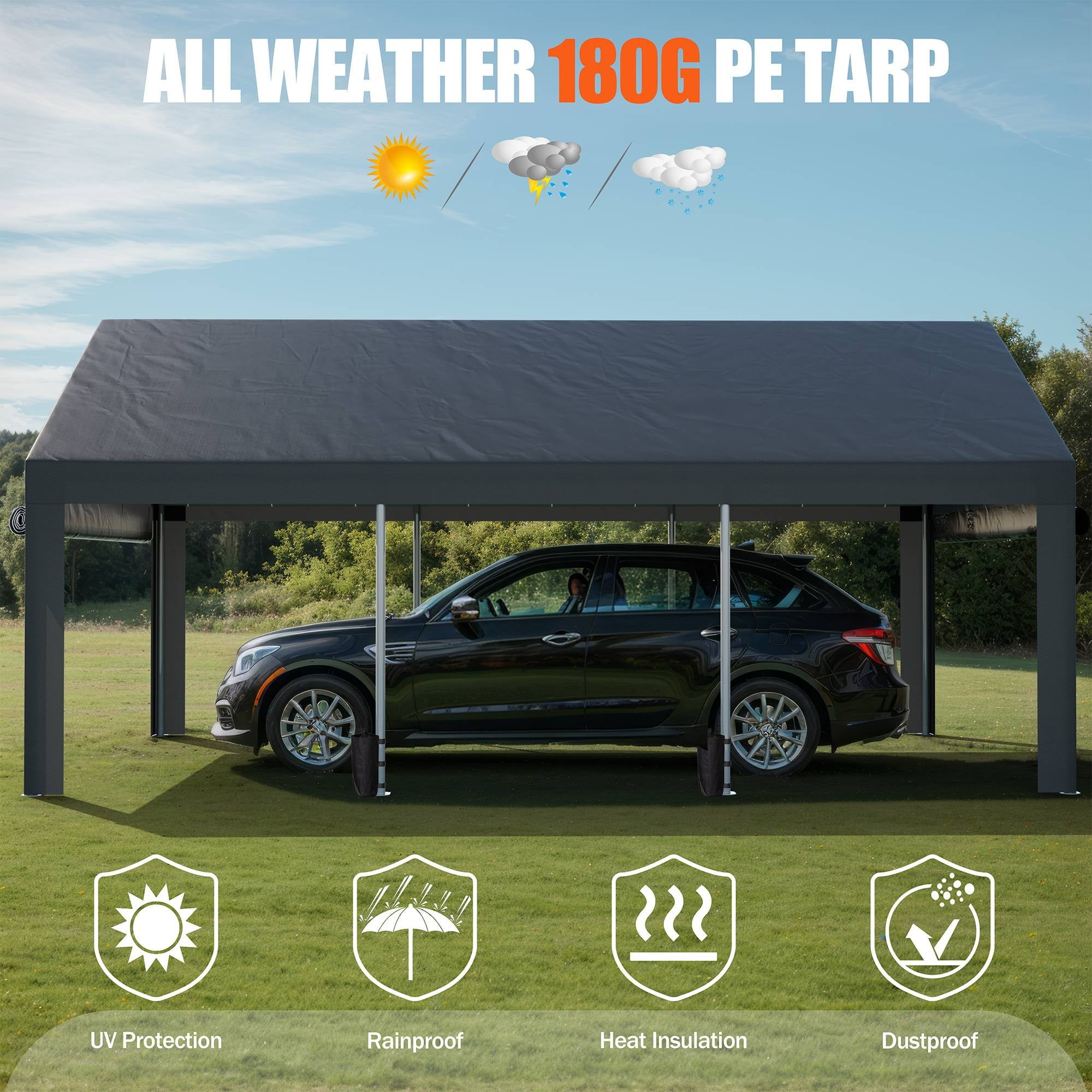 Walsunny 10x20 ft Carport with 4 Sandbags Heavy Duty Car Canopy with Roll-up Windows Portable Garage with Removable Sidewalls & Doors Khaki