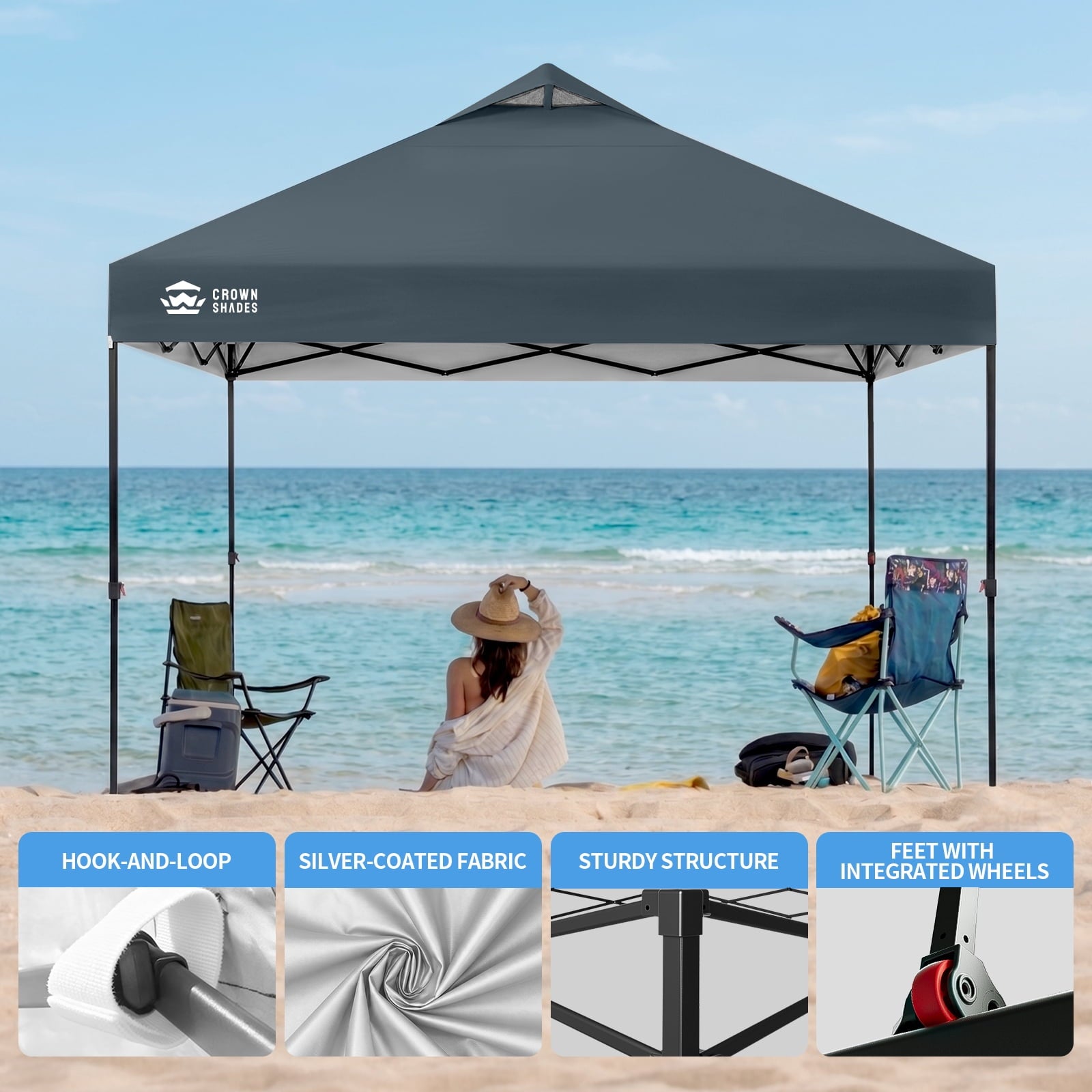 CROWN SHADES 10x10 Pop Up Canopy Patented Center Lock One Push Instant Outdoor Canopy Tent Grey