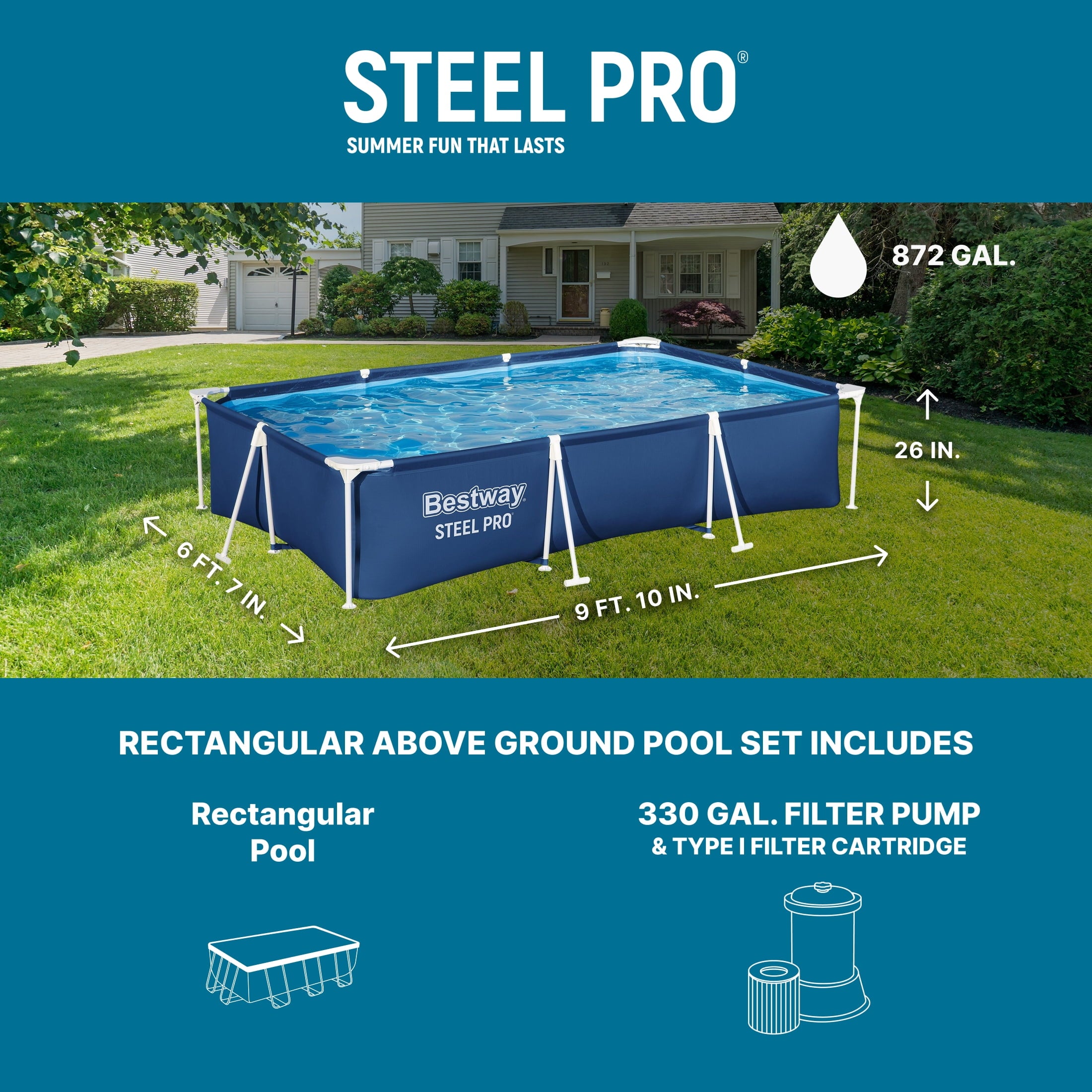 Bestway Steel Pro Rectangle Above Ground Pool Set, 12' x 6'7 x 26