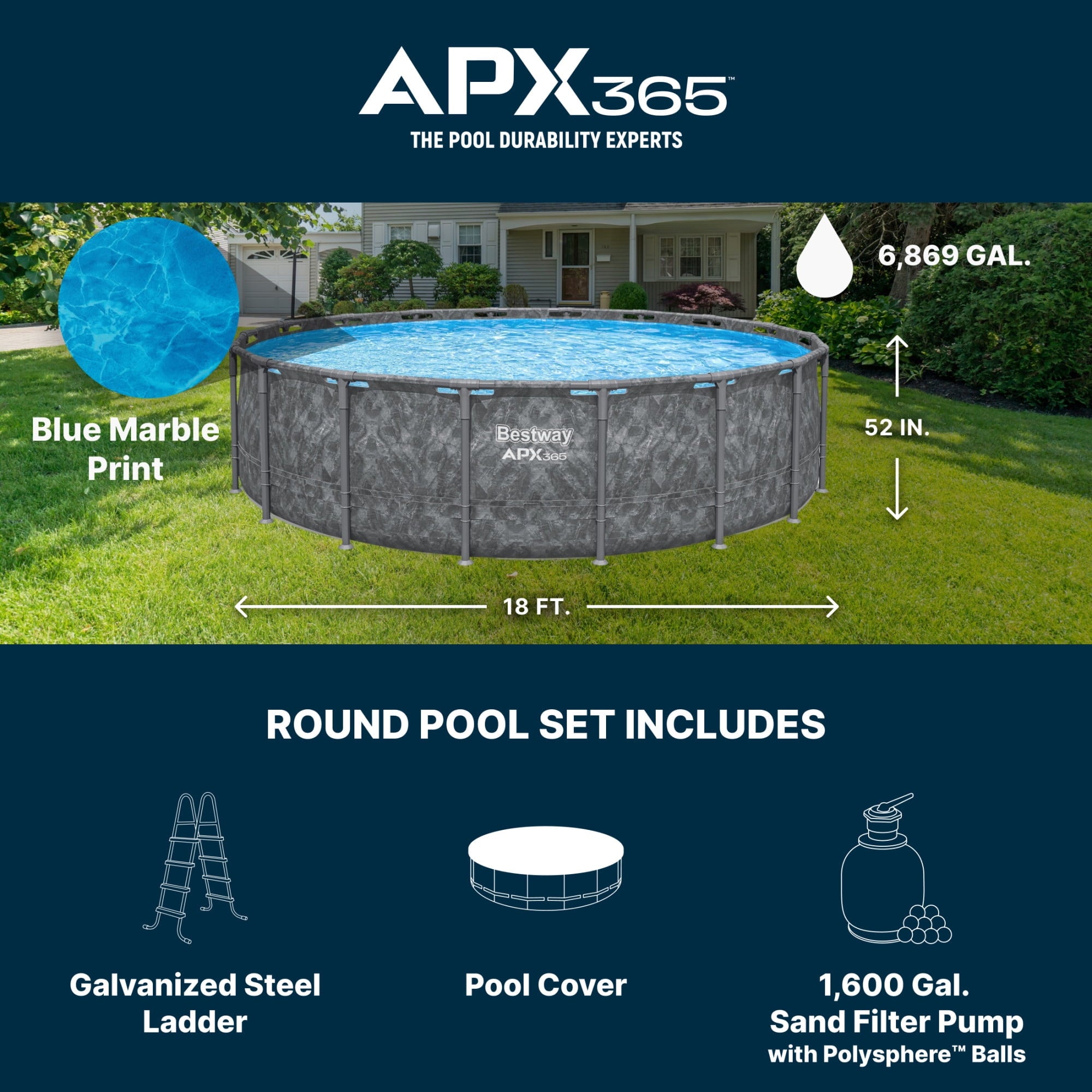 Bestway APX 365 18'x52 Metal Frame Above Ground Pool w/ Sand Filter Pump, Ladder & Cover