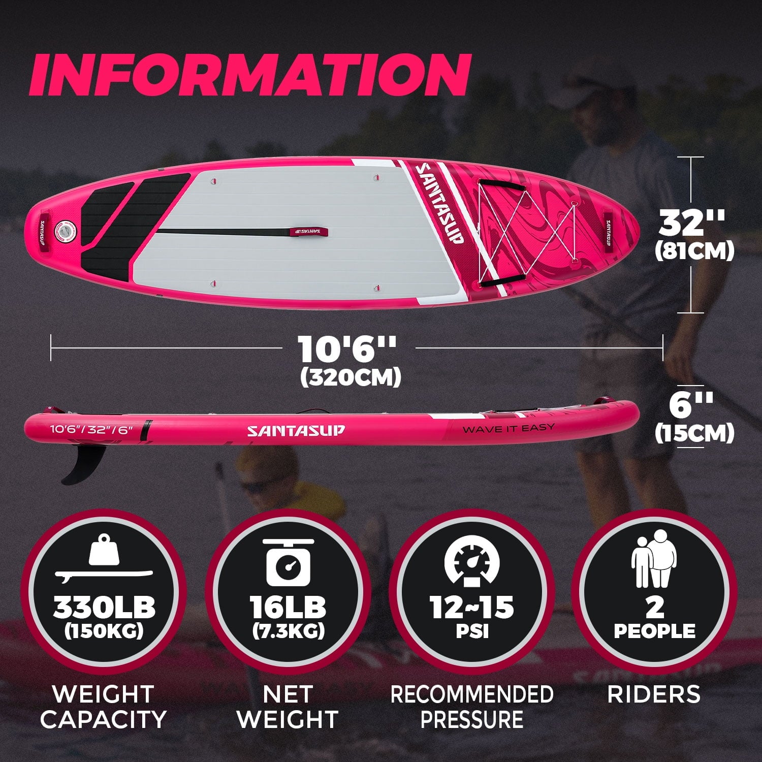 Santasup Blow Up Paddle Board Inflatable Paddle Board For Adults, 10ft Stand Up Paddleboard, Sup Board With Sup Accessories, Non-Slip Deck, Adjustable Paddle, Travel Backpack Wide Stance Pink