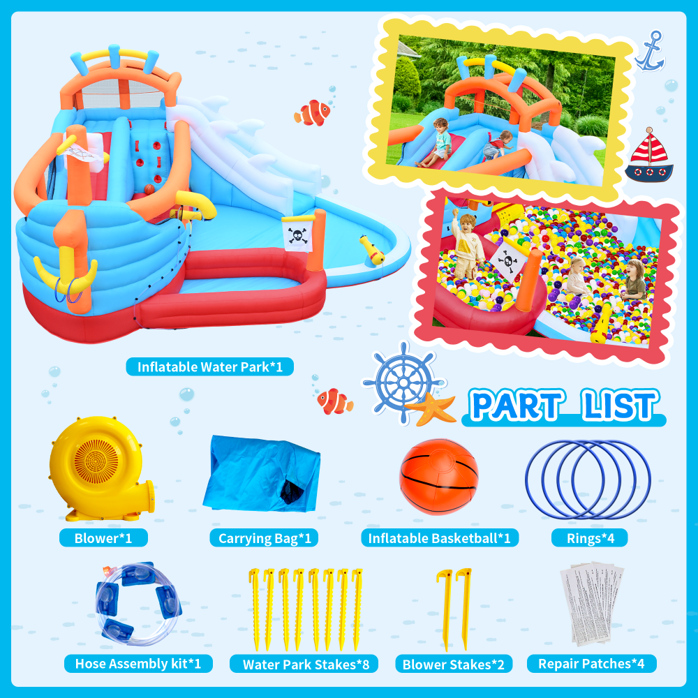 9 in1 Inflatable Slide Water Park Jump Area Dual Slides Climbing Wall  Anchor Ring Toss Basketball Hoop Dual Water Guns Shallow and Bathing Pools
