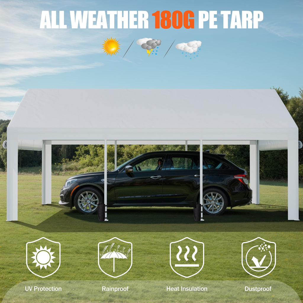 Walsunny 10x20 ft Carport with 4 Sandbags Heavy Duty Car Canopy with Roll-up Windows Portable Garage with Removable Sidewalls & Doors Khaki