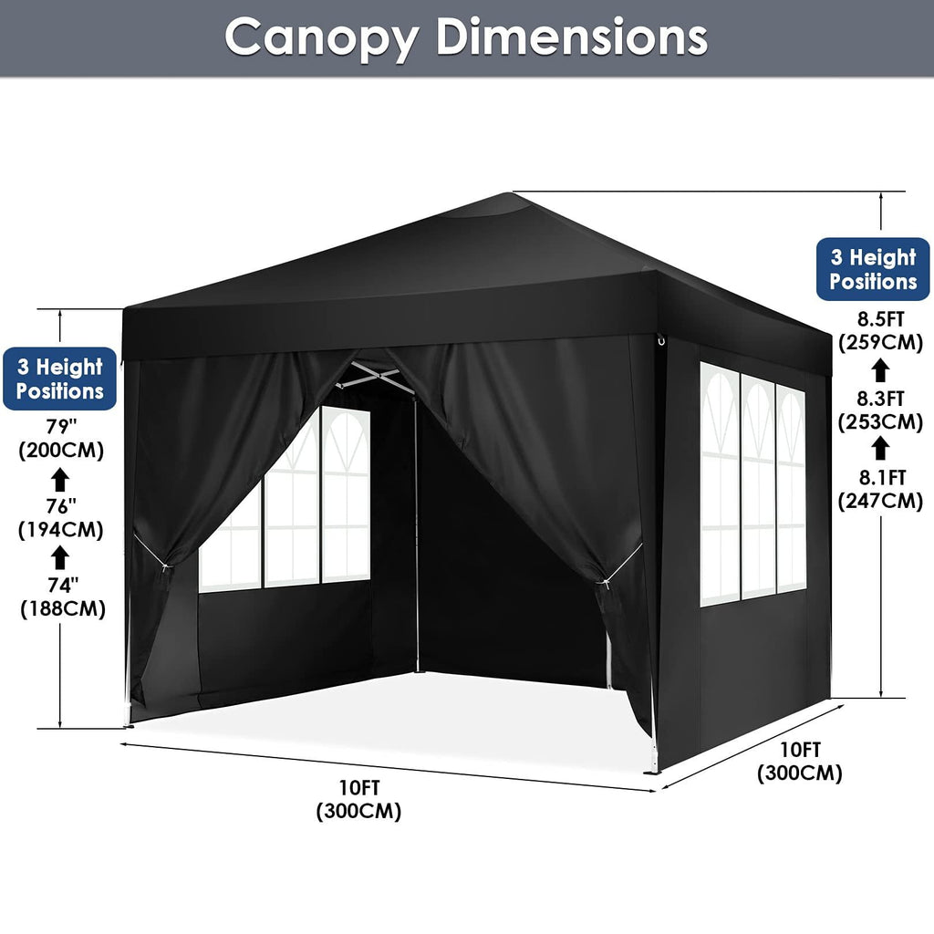 HOTEEL 10x10ft Popup Canopy Waterproof Canopy with 4 Sidewalls Outdoor Commercial Instant Shelter Beach Camping Canopy Tent for Party, Black