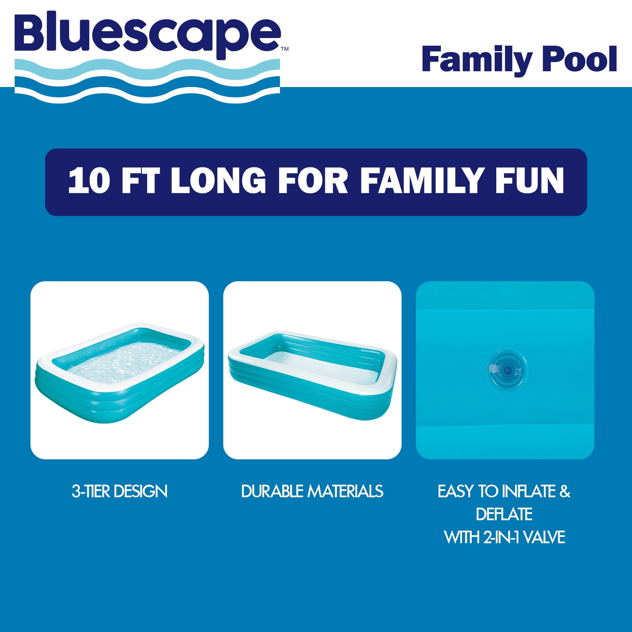 Bluescape 10ft Rectangular Family Inflatable Swimming Pool for Ages 6 and Up