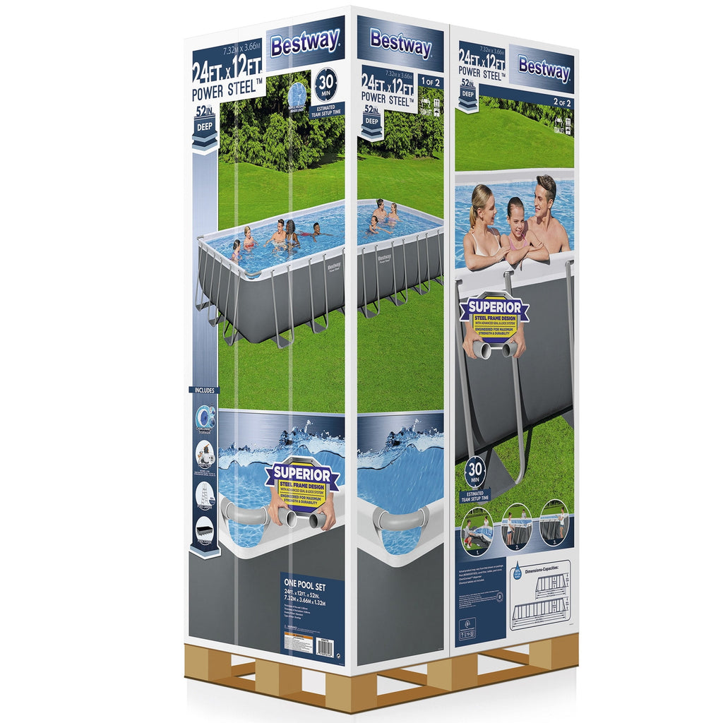 Bestway Power Steel 24’ x 12' x 52” Metal Frame Above Ground Pool, Gray