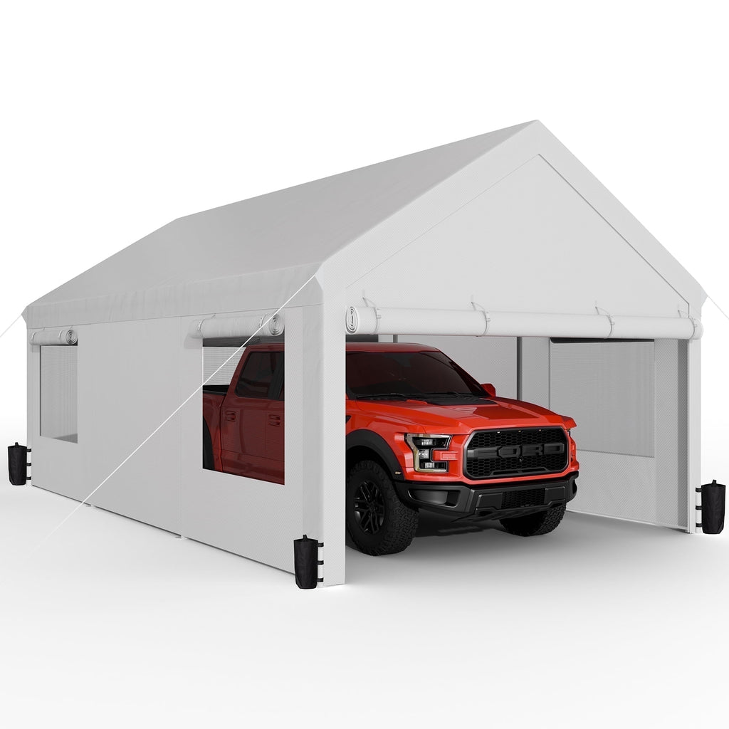 Walsunny 10x20 ft Carport with 4 Sandbags Heavy Duty Car Canopy with Roll-up Windows Portable Garage with Removable Sidewalls & Doors Khaki