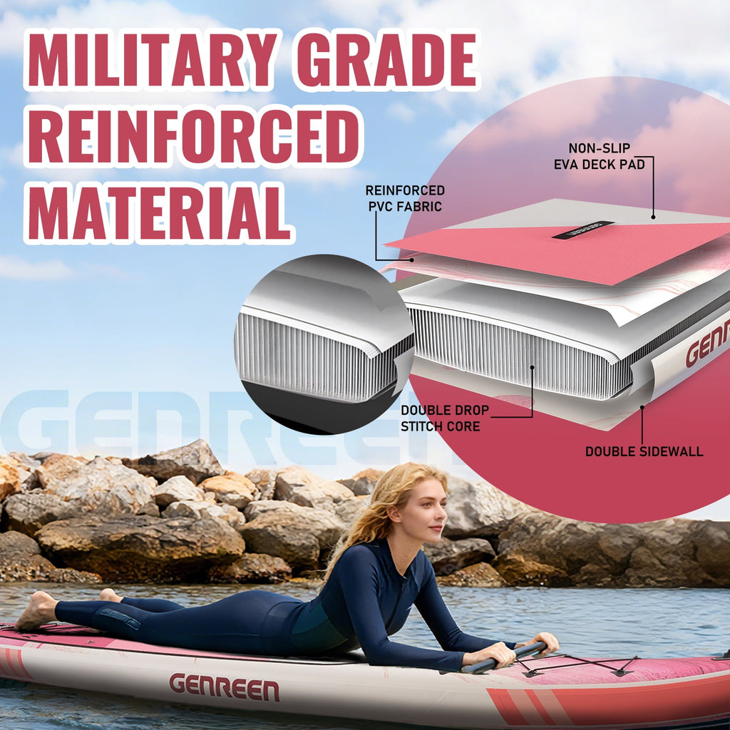 Genreen 11FT Inflatable Stand Up Paddle Board，Wide Sup with Premium Accessories, Fishing Blow Up Paddleboard for Youth & Adults