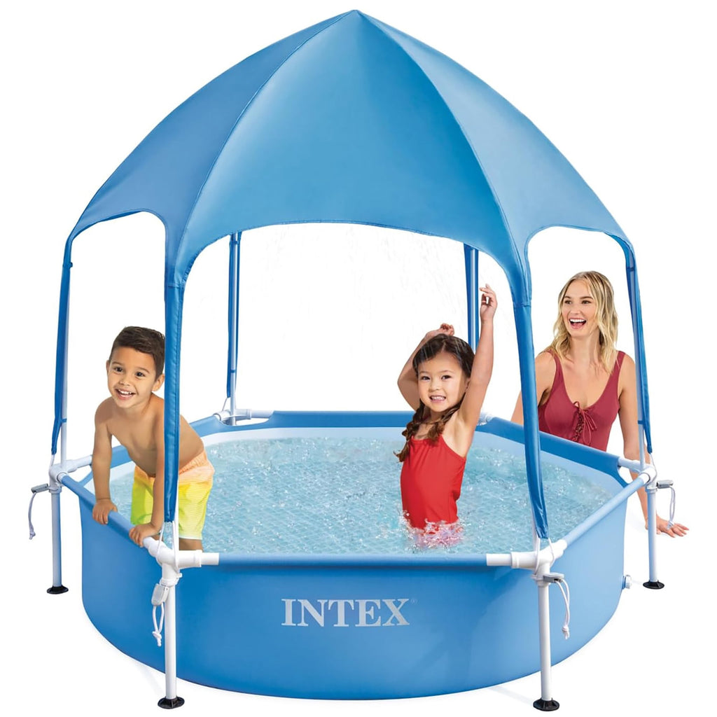 Intex: Canopy Metal Frame Splash Pool - 6' x 15 - UPF 50+ Sunshade Cover, Built-In Water Sprayer, Puncture-Resistant, Wade Kiddie Pool, Kids 3+