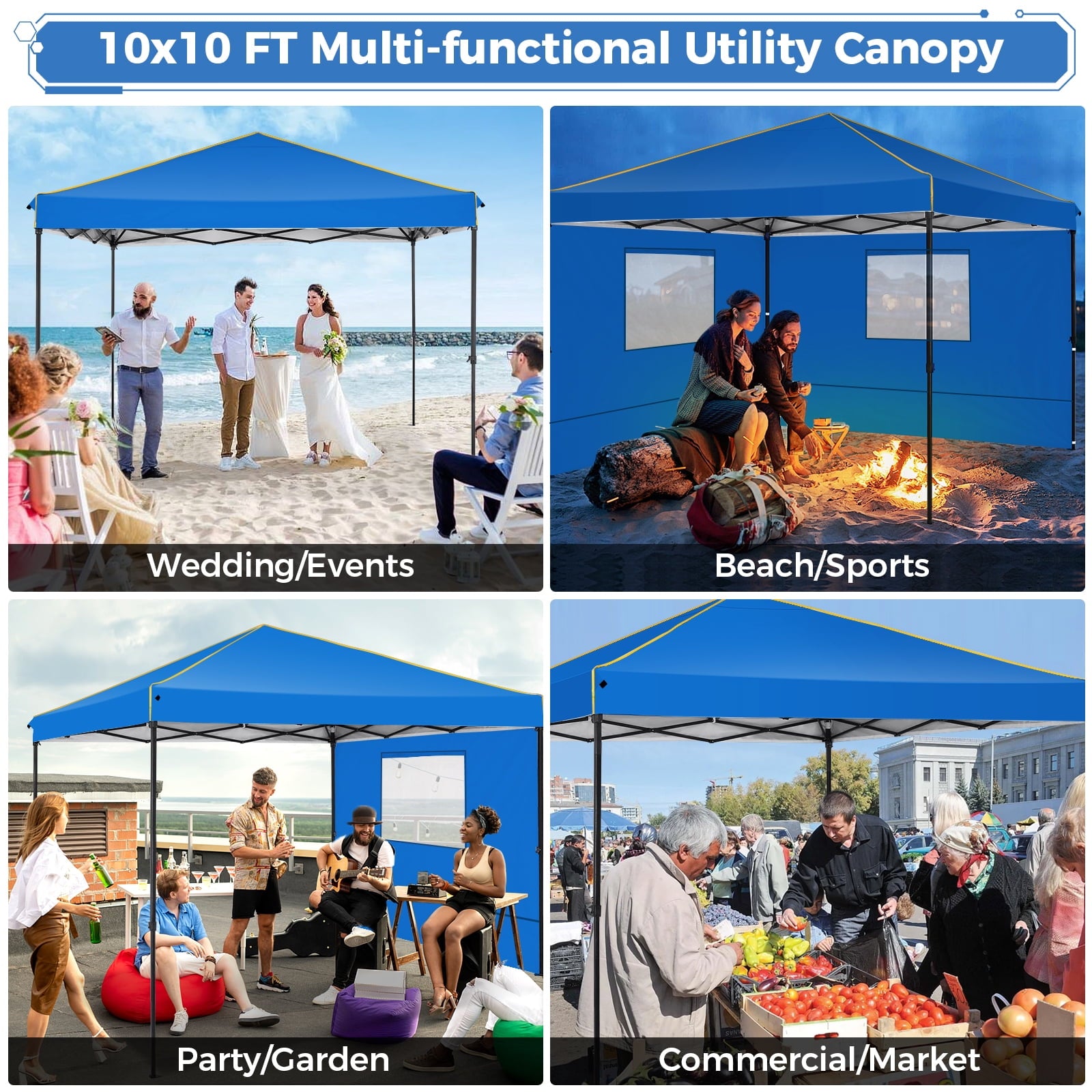 HOTEEL Pop up Canopy Tent 10x10 Commercial Instant Canopy with 4 Sidewalls & Carry Bag,Portable Tent for Parties Beach Camping Party Event Shelter Sun Shade,Dark Blue