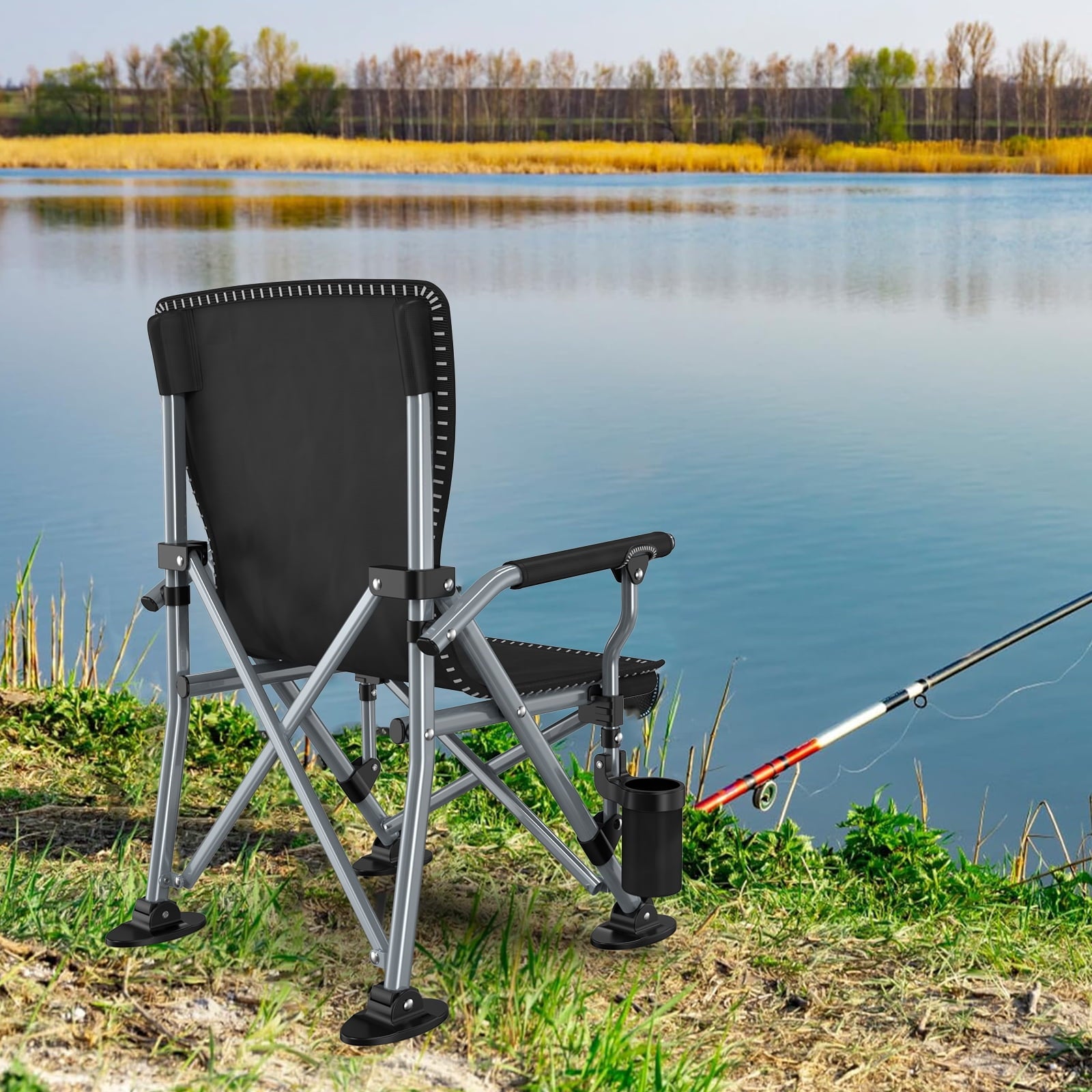 LNOW Folding Camping Chair with Cup Holder & Side Pocket Lightweight Portable Chairs for Beach, Sports, Fishing, ‌‌Black