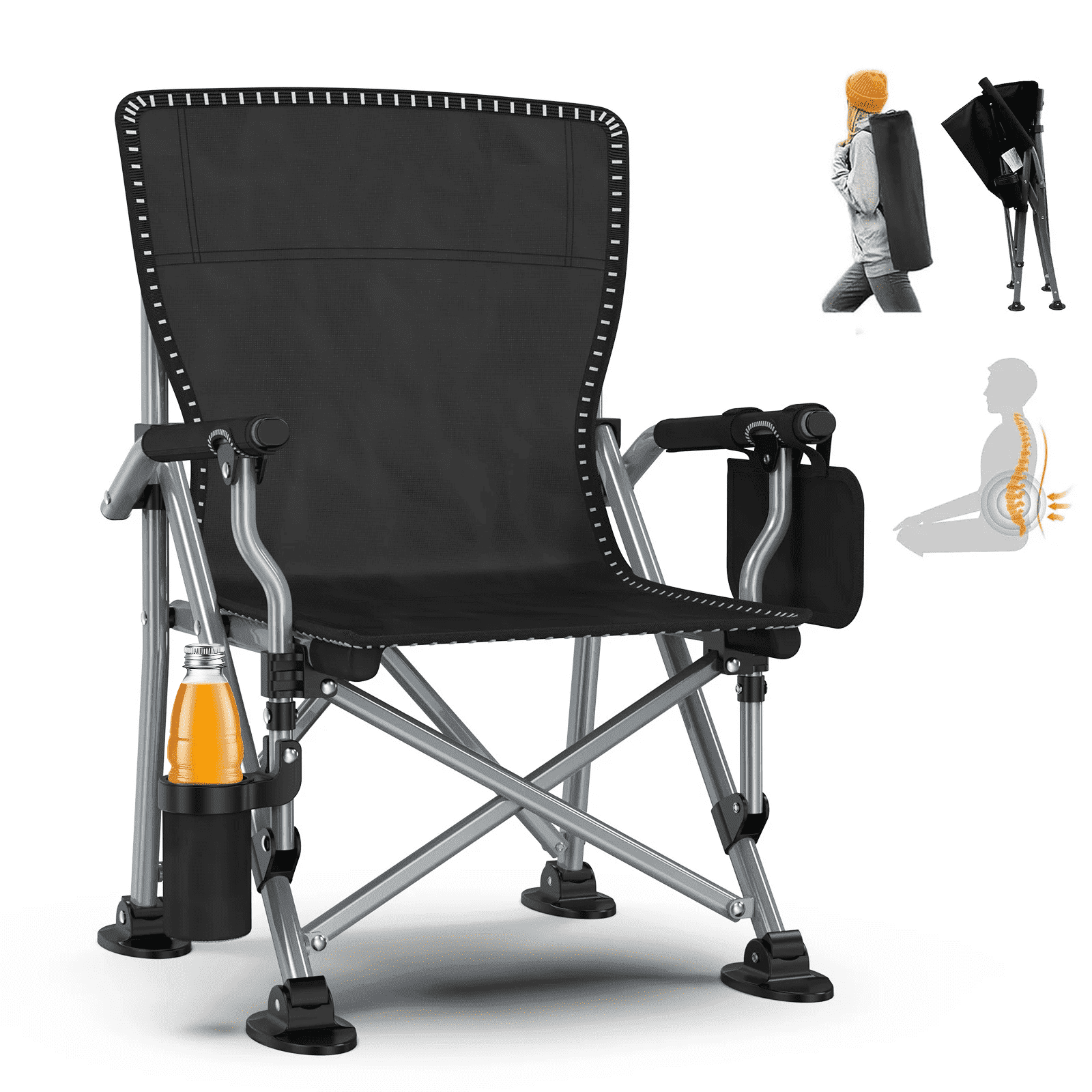LNOW Folding Camping Chair with Cup Holder & Side Pocket Lightweight Portable Chairs for Beach, Sports, Fishing, ‌‌Black
