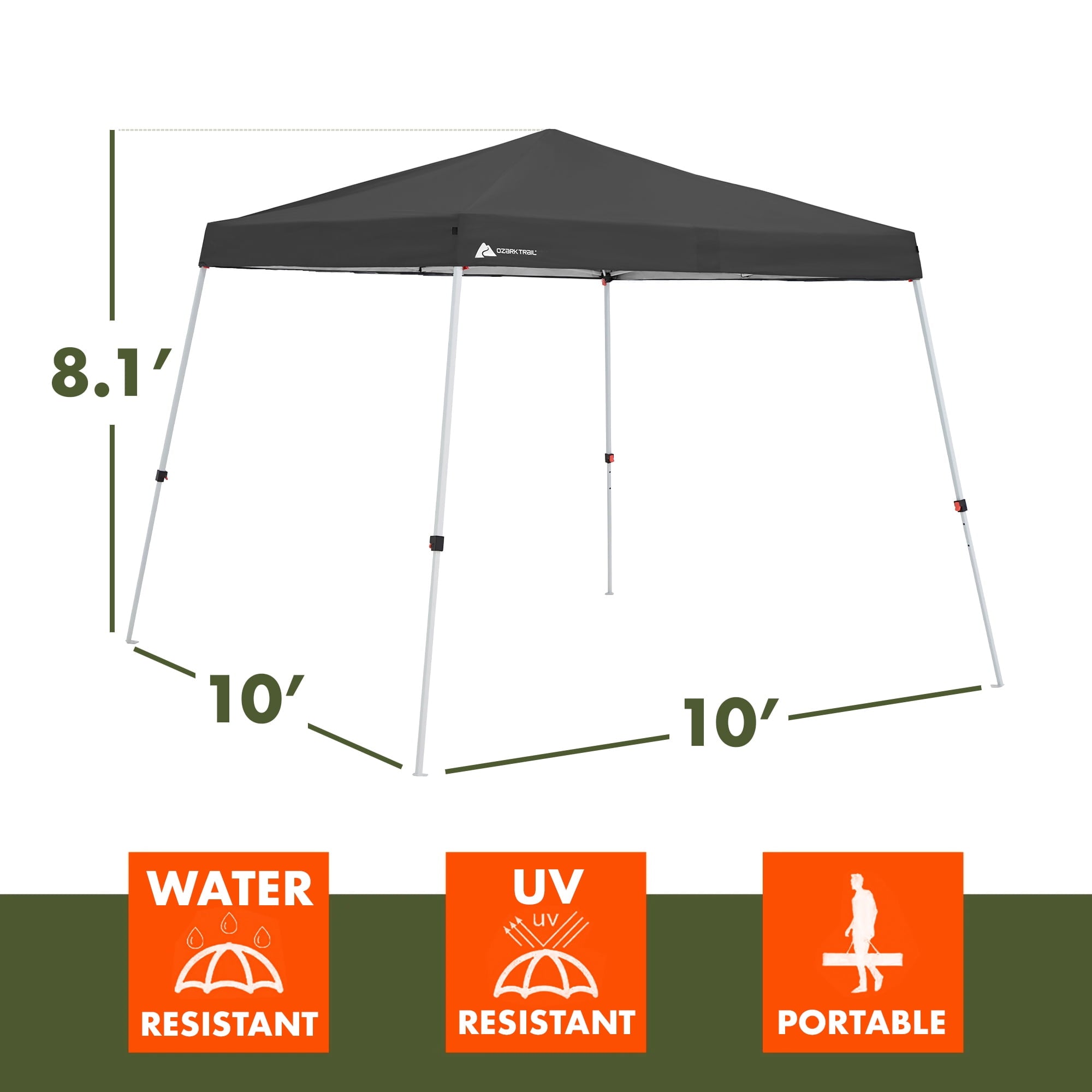Ozark Trail 10' x 10' Instant Slant Leg Pop-up Canopy, Outdoor Shading Shelter, Black
