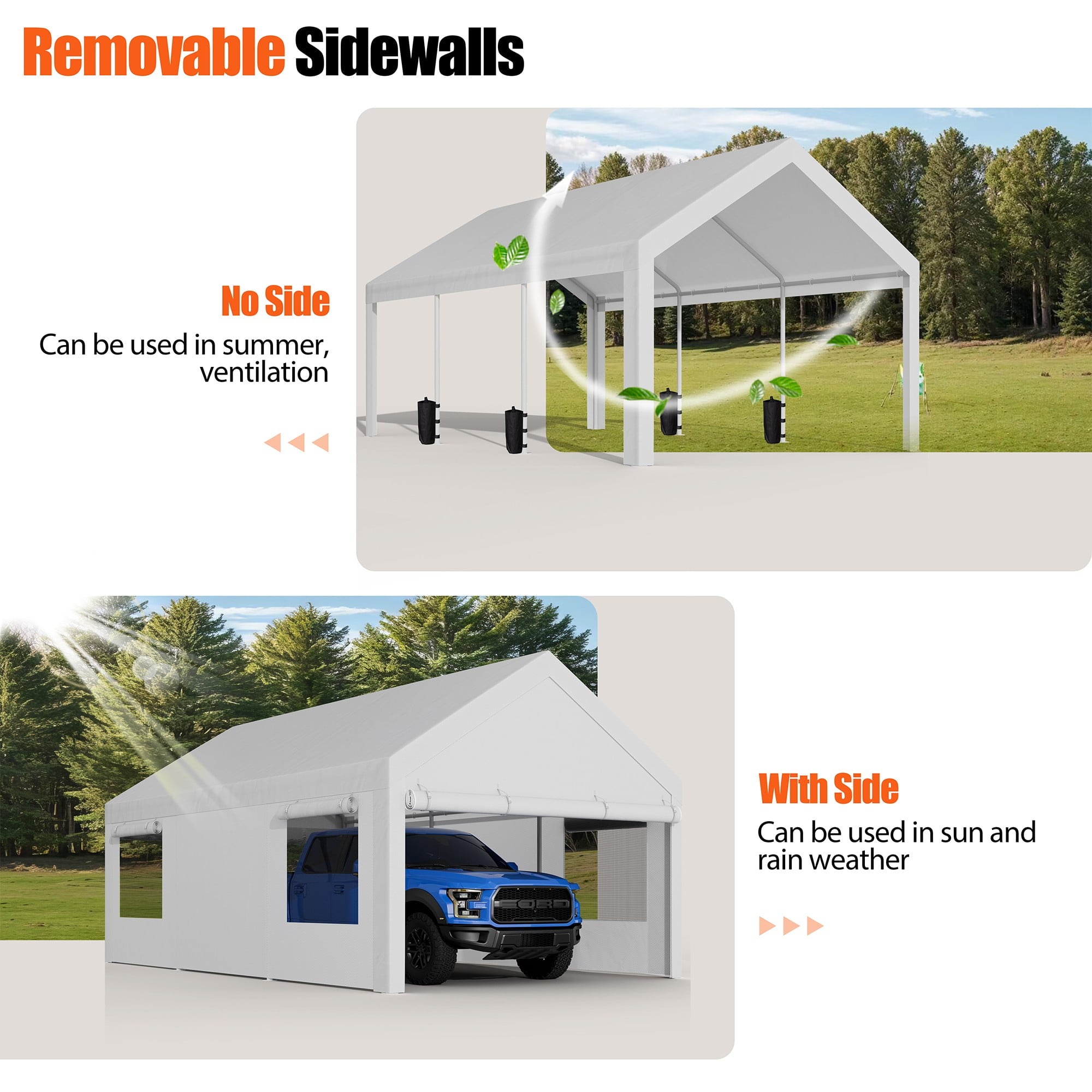 Walsunny 10x20 ft Carport with 4 Sandbags Heavy Duty Car Canopy with Roll-up Windows Portable Garage with Removable Sidewalls & Doors Khaki