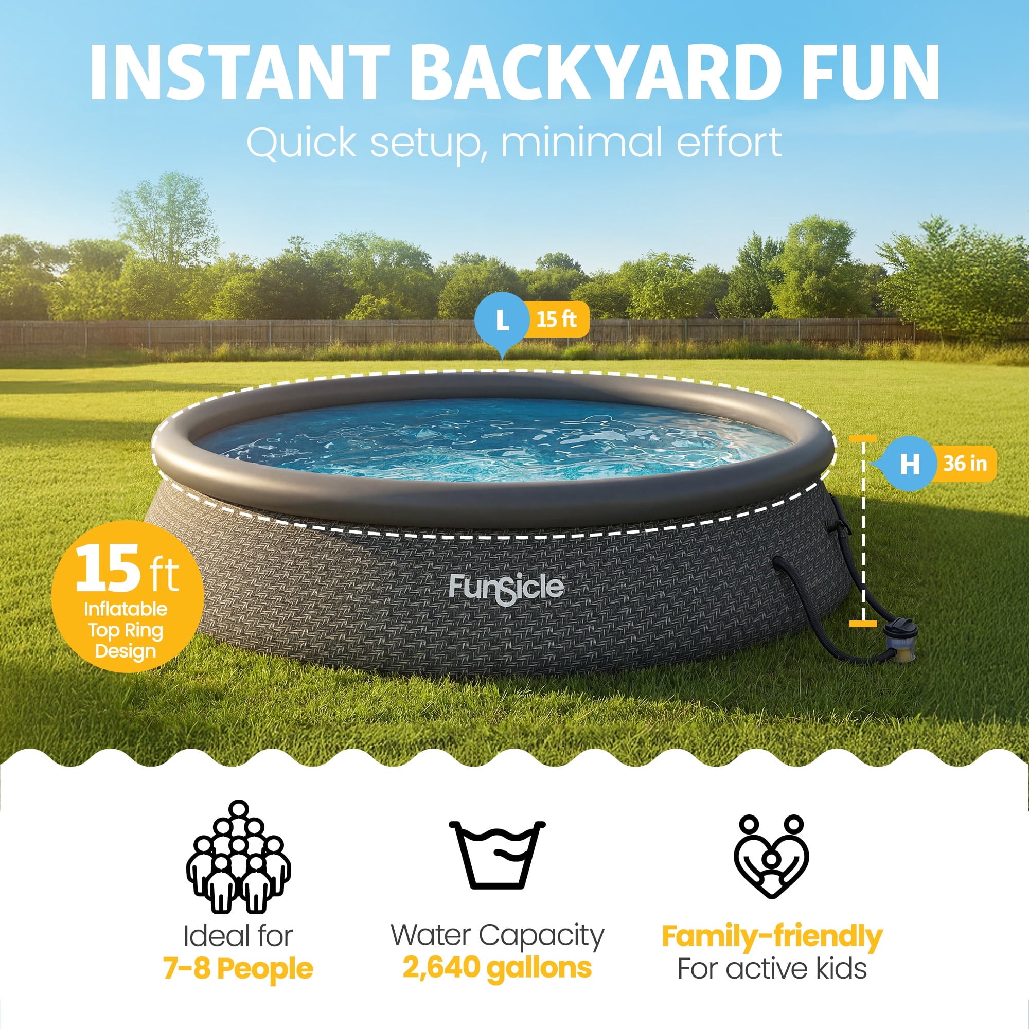 Funsicle Quickset 14’ x 36” Round Inflatable Top Ring Above Ground Swimming Pool Set
