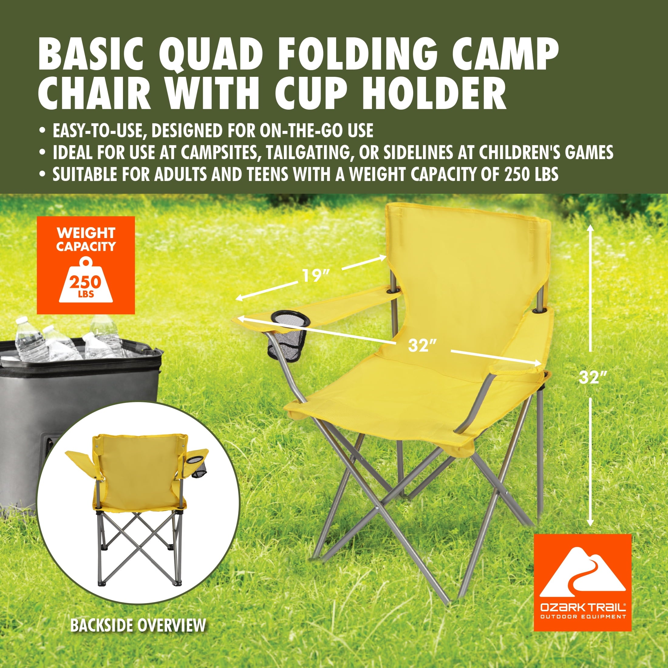 Ozark Trail Quad Folding Camp Chair with Cup Holder, Black