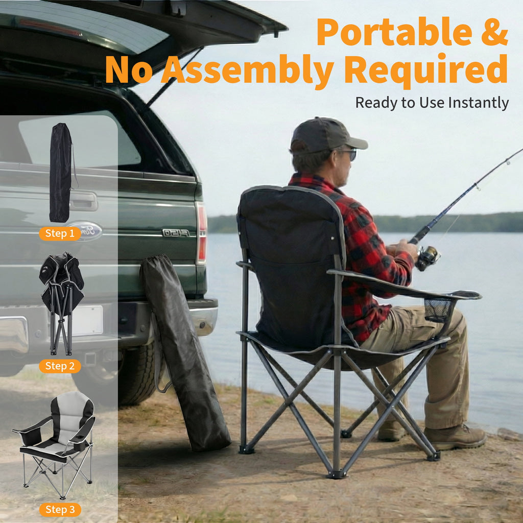 EDX Heavy Duty Camping Chair 500 lb Capacity, Oversized Extra Wide for Adults, Padded High Back Folding Lawn Chair, 500 lbs Steel Frame, Portable Outdoor Camping Chair with Cup Holder, Red Gray