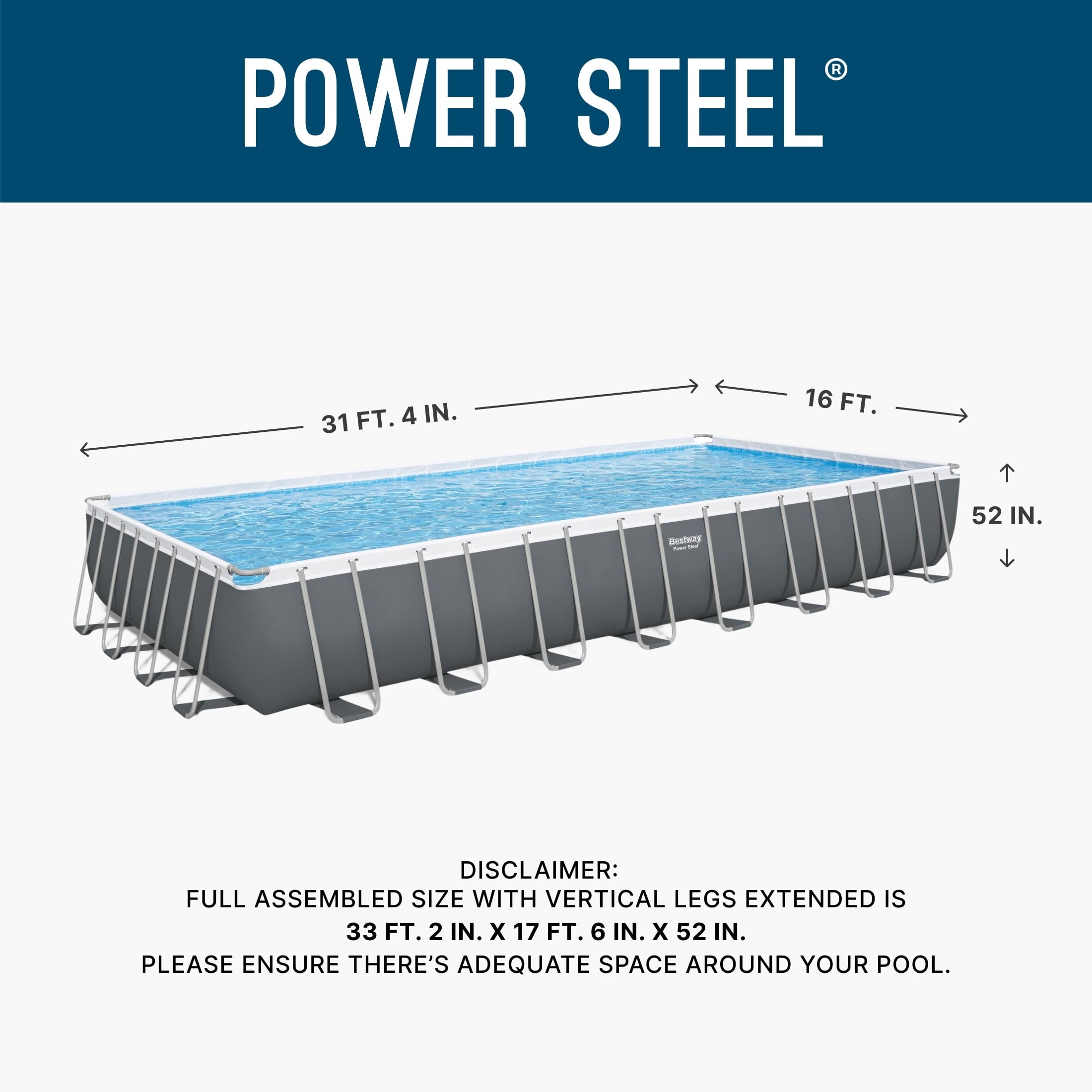 Bestway Power Steel 24’ x 12' x 52” Metal Frame Above Ground Pool, Gray