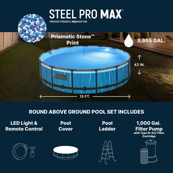 Bestway Steel Pro MAX 15'x42 Metal Frame Above Ground Pool Set w/Color-Changing LED Light