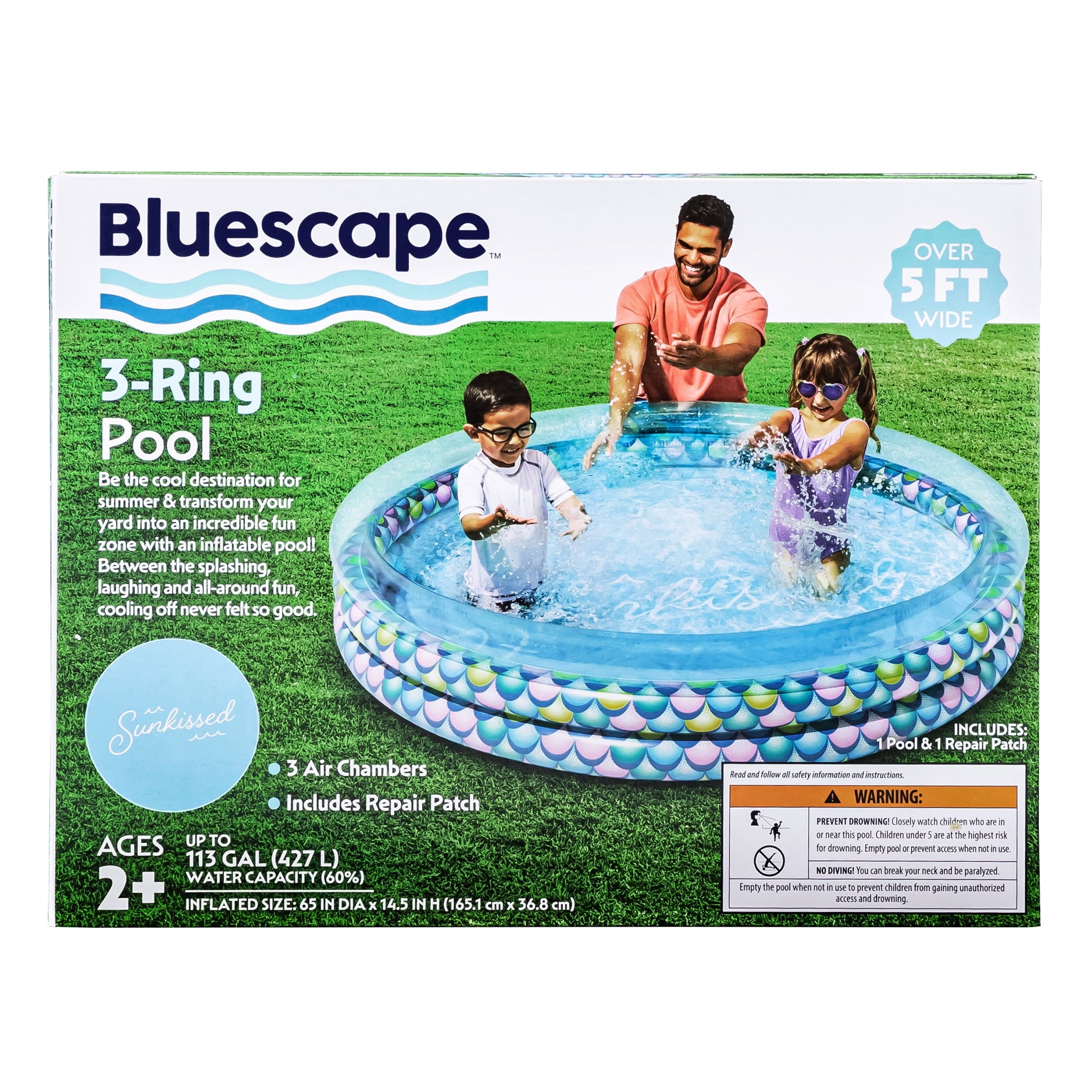 Bluescape Colorful Mermaid Print 3-Ring Inflatable Swimming Pool for Kids, Round, Age 2 & up, Unisex